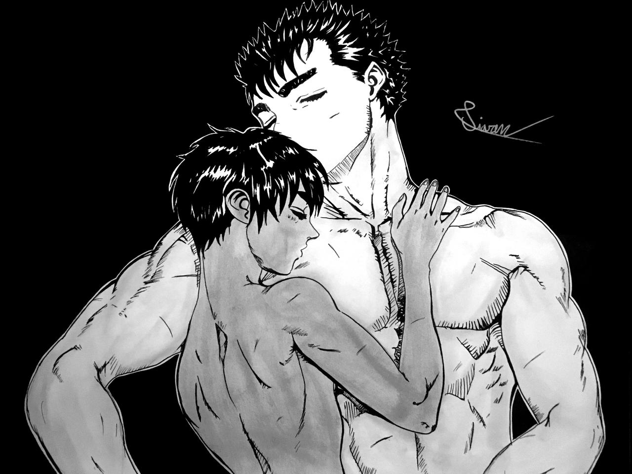 1boy, 1girls, after sex, berserk, canon couple, casca, female, guts (berserk), hugging, human, male, monochrome, nude, nude female, nude male, stephane piovan, wholesome