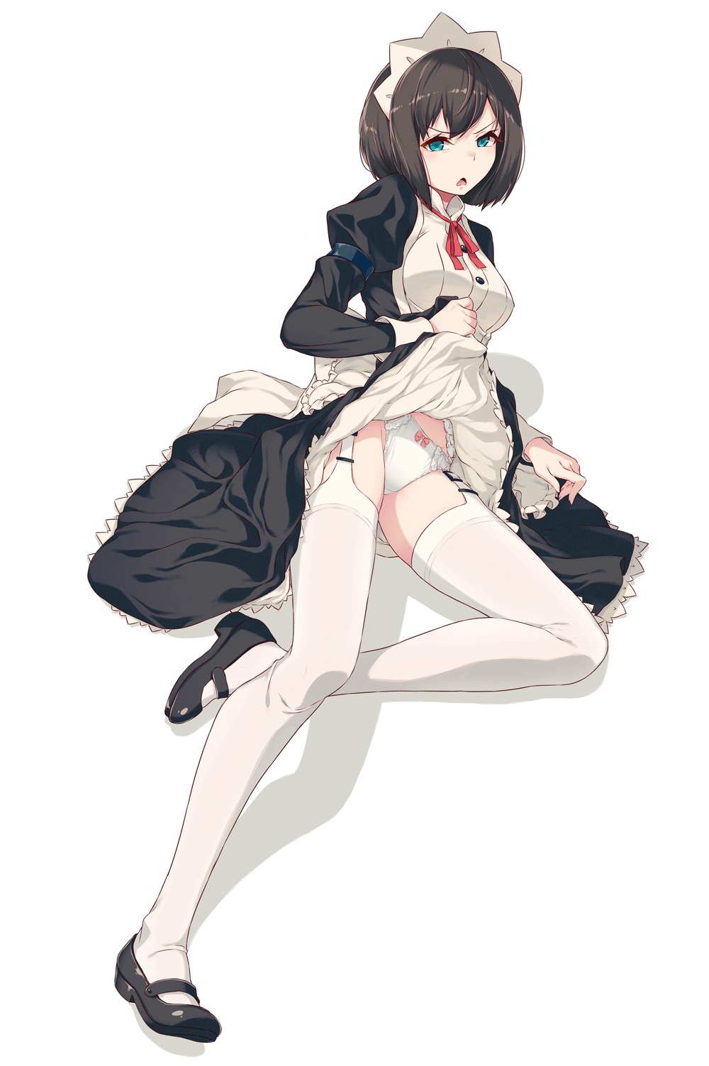 1girls 40hara arm_strap bangs black_footwear black_hair blue_eyes bob_cut bow bow_panties breasts clothes_lift dress dress_lift frilled_dress frills frown full_body garter_straps highres itou_chitose iya_na_kao_sare_nagara_opantsu_misete_moraitai juliet_sleeves leg_up lifted_by_self long_sleeves looking_at_viewer maid maid_headdress mary_janes medium_breasts neck_ribbon open_mouth panties panties_over_garter_belt puffy_sleeves red_ribbon ribbon shoes short_hair simple_background solo standing standing_on_one_leg thighhighs underwear white_background white_legwear white_panties