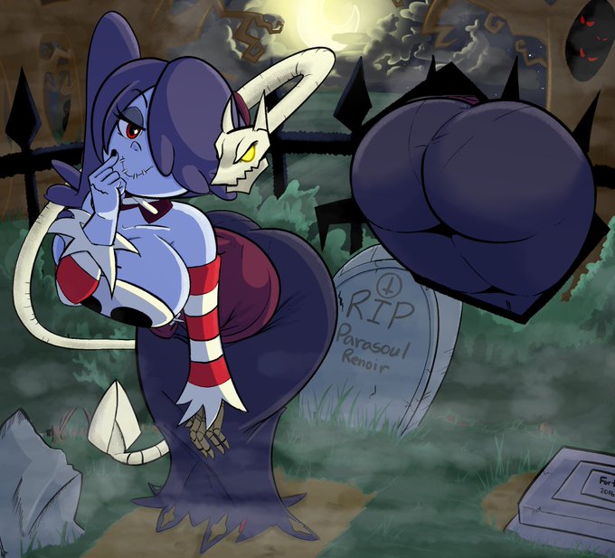 alternate_breast_size ass bedroom_eyes big_ass big_breasts big_butt bubble_butt character_name choker close-up close_up_panel finger_on_lip graveyard leviathan_(skullgirls) lewdbuns maroon_shirt mentioned_character moon moonlight night nighttime purple_hair red_eyes side_ponytail skullgirls squigly stitched_mouth striped_sleeves tombstone trees yellow_eyes zombie zombie_girl