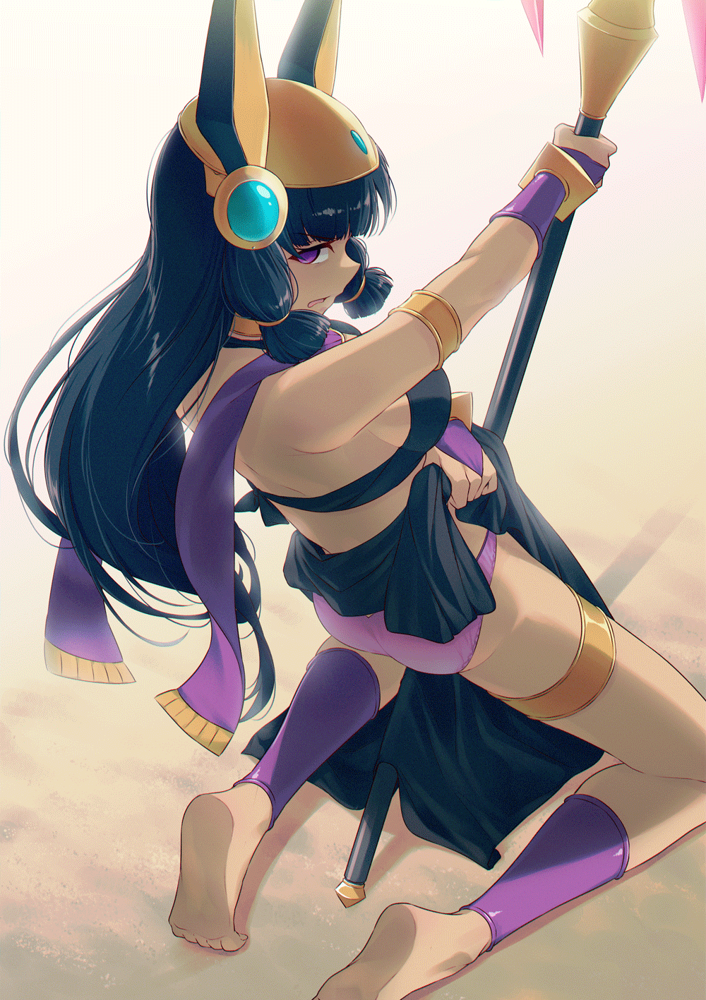 1girls 40hara animal_ears ass back bangs barefoot black_hair blunt_bangs breasts dark-skinned_female dark_skin egyptian egyptian_clothes gloves grinding headgear highres holding holding_staff iya_na_kao_sare_nagara_opantsu_misete_moraitai jackal_ears kneeling long_hair looking_at_viewer open_mouth panties purple_eyes purple_panties sidelocks skirt solo staff underwear