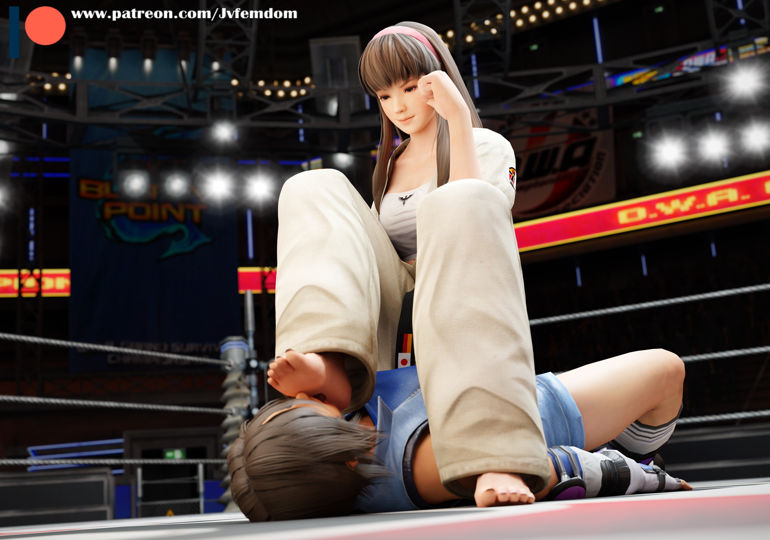 2girls, 3d, 3d (artwork), absurd res, barefoot, beaten, black toenails, blender, blue eyes, brown hair, catfight, dead or alive, dead or alive 5, defeated, dominant, dominant female, domination, dominatrix, feet, feet licking, female, female domination, female only, femdom, fight, fighting ring, foot fetish, foot lick, foot on face, foot on head, foot worship, helpless, highres, hitomi (doa), humiliation, jvfemdom, kazama asuka, legs, lezdom, licking, licking foot, long hair, looking at another, looking down, looking pleasured, loose hair, public, public humiliation, sadism, sadistic, short hair, sitting, sitting down, sitting on person, sole female, soles, tekken, tekken 7, thighs, wrestling, wrestlingryona, yuri