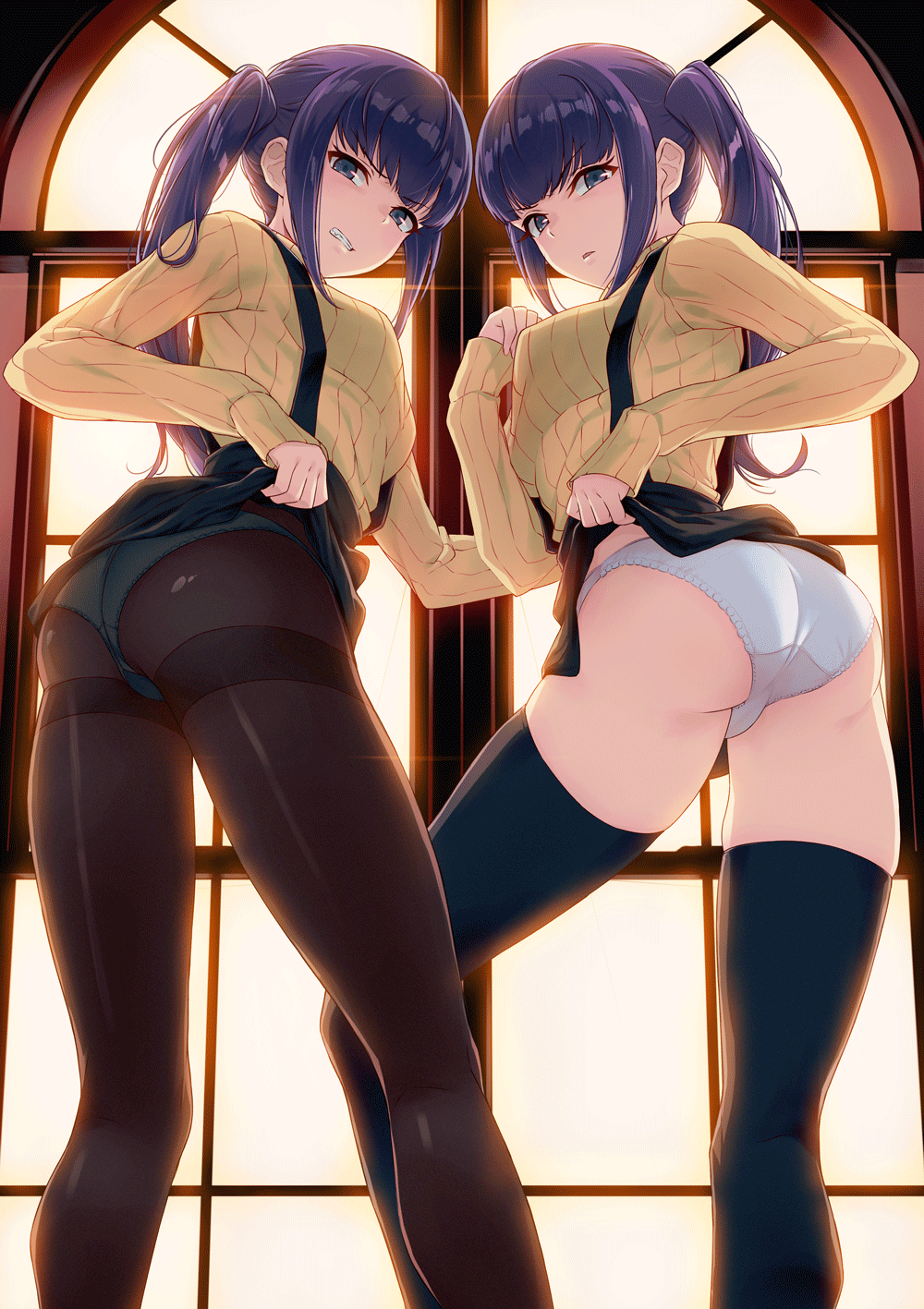 2girls 40hara ass backlighting bangs black_legwear blue_eyes blue_legwear breasts clenched_teeth clothes_lift contrapposto eyebrows_visible_through_hair from_behind from_below futaba_kano futaba_yuno gesugao gusset highres identical_twins indoors iya_na_kao_sare_nagara_opantsu_misete_moraitai legs lifted_by_self long_hair long_legs long_sleeves looking_at_viewer medium_breasts multiple_girls panties panties_under_pantyhose pantyhose parted_lips purple_hair ribbed_sweater satin satin_panties siblings side_ponytail sidelocks sisters skirt skirt_lift sleeves_past_wrists slender_legs small_breasts standing suspenders sweater teeth thighband_pantyhose thighhighs trefoil turtleneck turtleneck_sweater twins underwear v-shaped_eyebrows white_panties