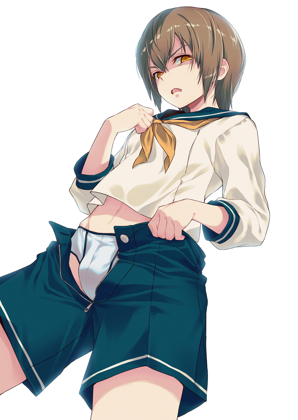 1boy 40hara androgynous bishonen bloom blue_sailor_collar blue_shorts briefs brown_hair bulge clothes_pull cowboy_shot disgust dutch_angle edging_underwear femboy from_below groin hair_between_eyes highres iya_na_kao_sare_nagara_opantsu_misete_moraitai long_sleeves looking_at_viewer male_focus male_underwear malesub navel neckerchief open_fly open_mouth original sailor_collar school_uniform shorts shorts_pull simple_background solo stomach unbuttoned underwear unzipped white_background white_male_underwear yellow_eyes yellow_neckerchief