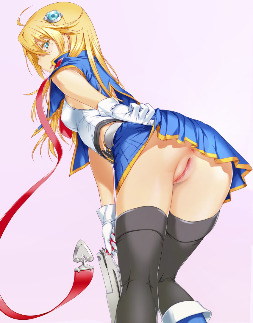 1girls anus blazblue blush clothed_female embarrassed looking_back no_panties noel_vermillion pussy uncensored