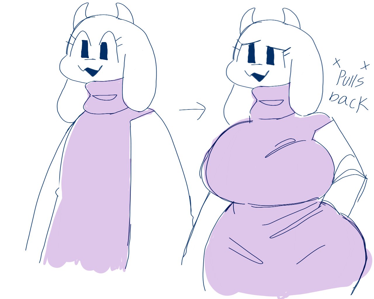 1girls :3 big_breasts breasts canon_toriel chubby clothed clothing dress english_text female female_only fur furry furry_only goat_horns hidden_curves huge_breasts large_breasts lowres meme milf puppychan purple_shirt shirt_tighten_meme solo solo_female t-shirt/pajamas_challenge tagme text thick_thighs toriel undertale undertale_(series) white_fur wide_hips