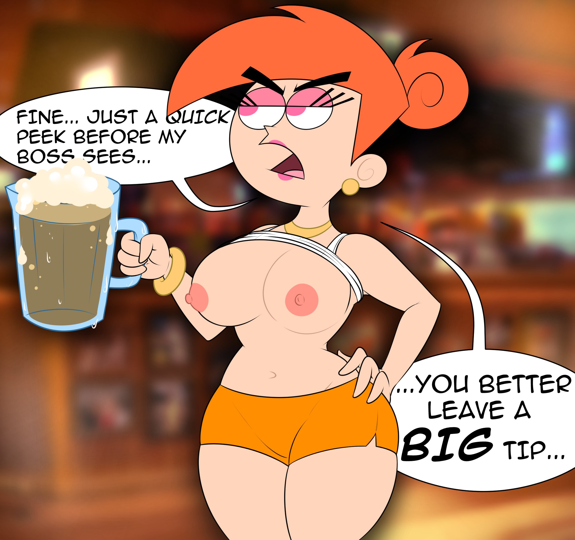 1girls, areolae, big breasts, breasts, breasts out, earrings, english text, exposed breasts, eyeshadow, female, female only, hooters, large breasts, lipstick, nickelodeon, nipples, red hair, red head, shirt, shirt lift, shorts, solo, speech bubble, straight hair, teenagebratwurst, text, the fairly oddparents, tied hair, vicky (fairly odd parents)