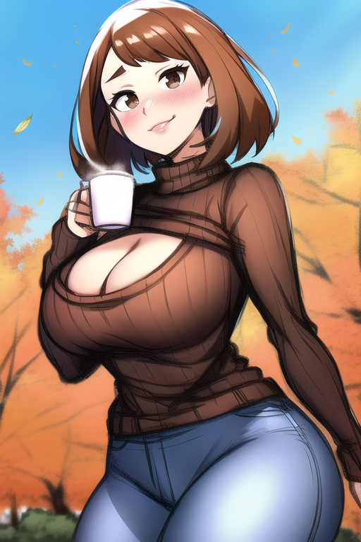 ai_generated big_ass big_breasts big_butt big_lips brown_clothes brown_eyes brown_hair cleavage coffee coffee_cup coffee_mug curvaceous curvy curvy_female curvy_figure jeans keyhole_turtleneck leaves lips lipstick my_hero_academia nai_diffusion ochako_uraraka pants plump_lips smile smiling smiling_at_viewer stable_diffusion sweater