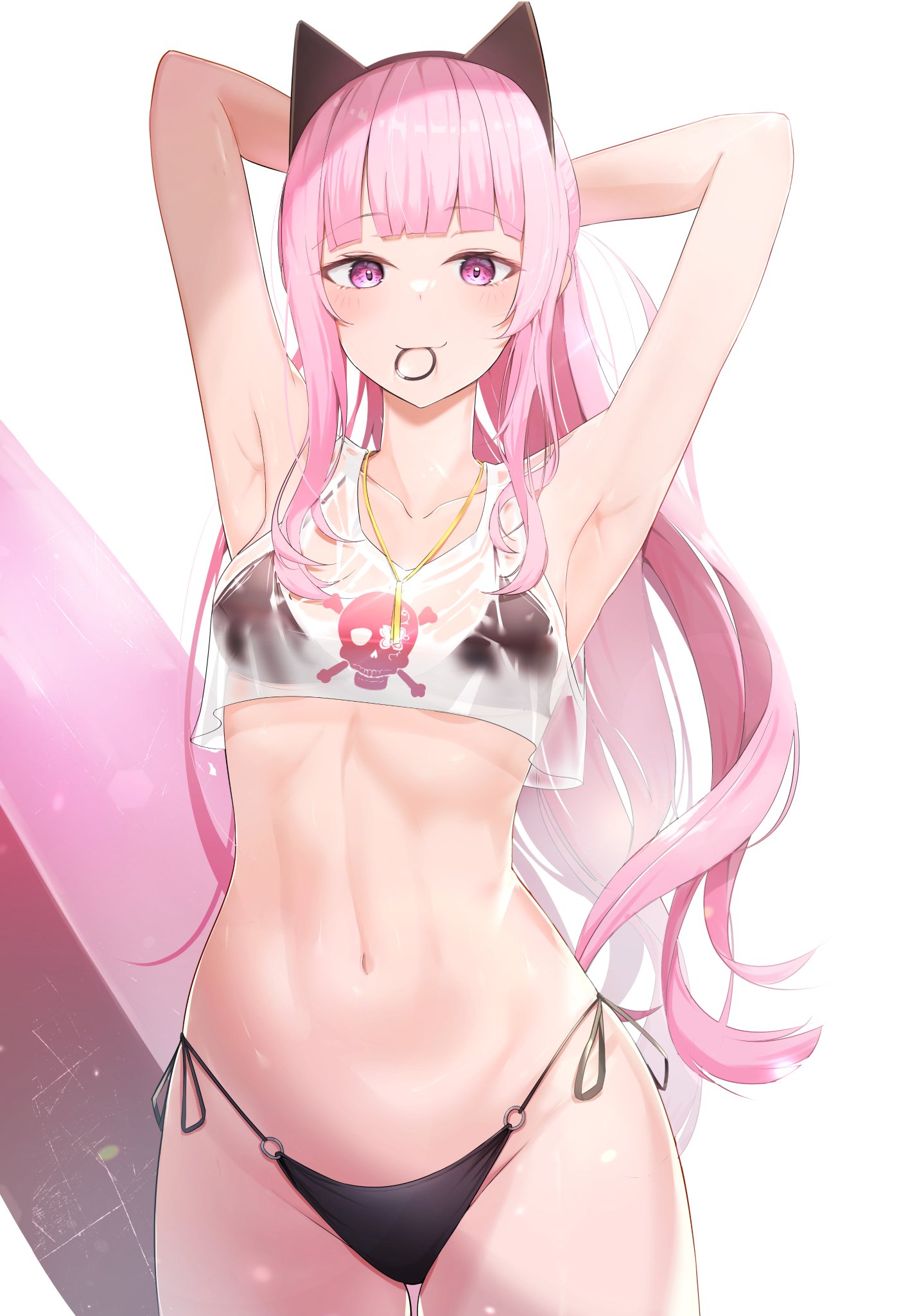 alternate breast size, bikini, breasts, female, hololive, hololive english, hololive myth, holomyth, mori calliope, see-through top, small breasts, summer, tagme, three twosix, virtual youtuber, wet