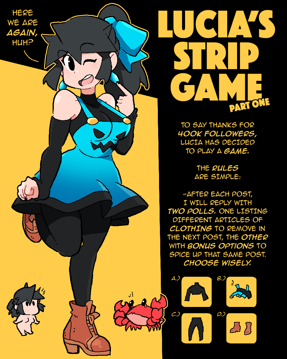 blue dress, chibi, crab, leggings, lucia (scott malin), original, original character, scott malin, strip game
