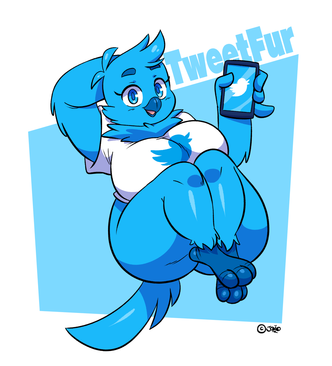 anthro, anthro only, avian, beak, blue background, blue body, blue eyes, blue feathers, bottomless, breasts, feathers, feet together, female, female only, hand behind head, head tuft, holding object, huge breasts, joaoppereiraus, legs together, logo, looking at viewer, mouth open, neck tuft, phone, phone screen, shirt, simple background, smartphone, smile, smiling, smiling at viewer, solo, solo female, t-shirt, tail, thick thighs, tuft, tweetfur, twitter, twitter logo, white background, wide hips