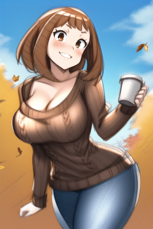 ai_generated big_ass big_breasts big_butt big_lips brown_clothes brown_eyes brown_hair cleavage coffee coffee_cup coffee_mug curvaceous curvy curvy_female curvy_figure jeans leaves lips lipstick my_hero_academia nai_diffusion ochako_uraraka pants plump_lips smile smiling smiling_at_viewer stable_diffusion sweater