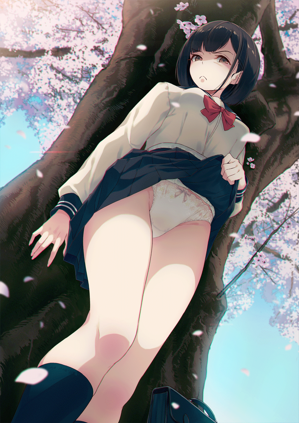 1girls 40hara :< bag bare_legs black_hair black_legwear black_skirt blue_sky bow bow_panties bowtie breasts brown_eyes cherry_blossoms chromatic_aberration clothes_lift day disgust from_below gesugao highres iya_na_kao_sare_nagara_opantsu_misete_moraitai kneehighs lifted_by_self long_legs long_sleeves looking_at_viewer medium_breasts original outdoors panties red_bow red_bowtie school_bag school_uniform serafuku short_hair skirt skirt_lift sky solo spring_(season) standing tree underwear white_panties