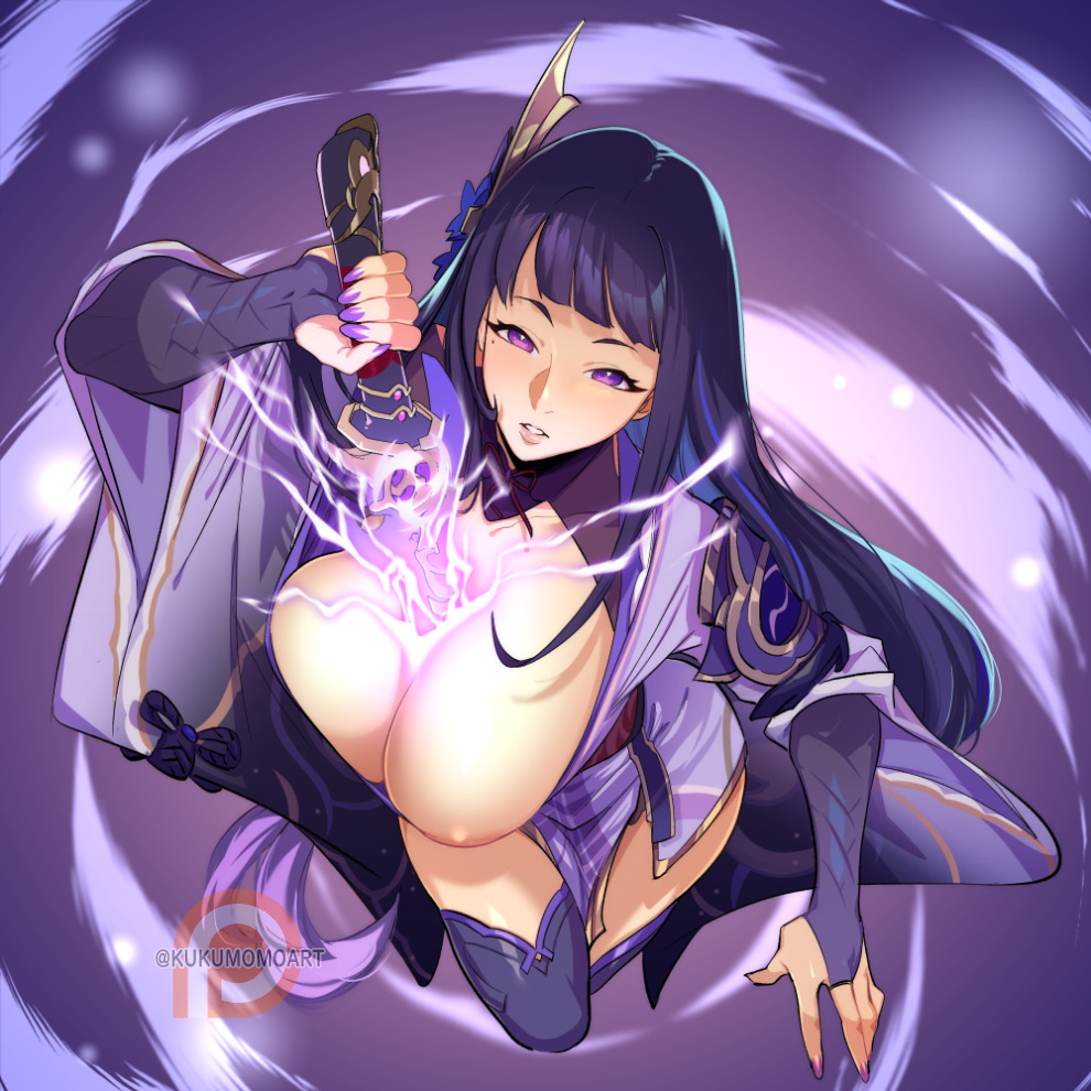 big breasts, breasts, female, flying, genshin impact, kukumomo, long hair, raiden shogun, sword