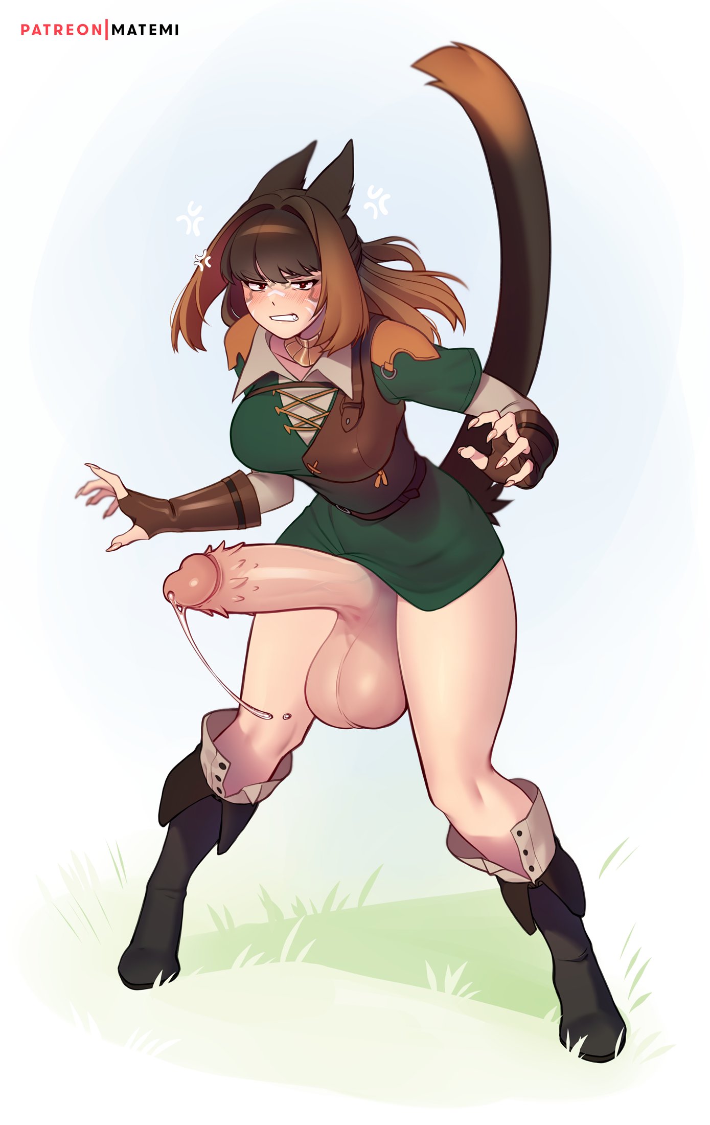 1futa, angry, animal ears, balls, barbed penis, big breasts, blonde hair, boots, bottomless, breasts, brown hair, cat ears, cat girl, cat tail, catgirl, clothed, clothing, erection, female, final fantasy, final fantasy xiv, full body, futa only, futanari, huge balls, huge cock, humanoid, humanoid penis, intersex, kemonomimi, knees together feet apart, light skin, light-skinned futa, looking at viewer, matemi, miqo'te, mostly clothed, outdoors, outside, penis, precum, short hair, smooth balls, smooth penis, solo, standing, two-tone hair