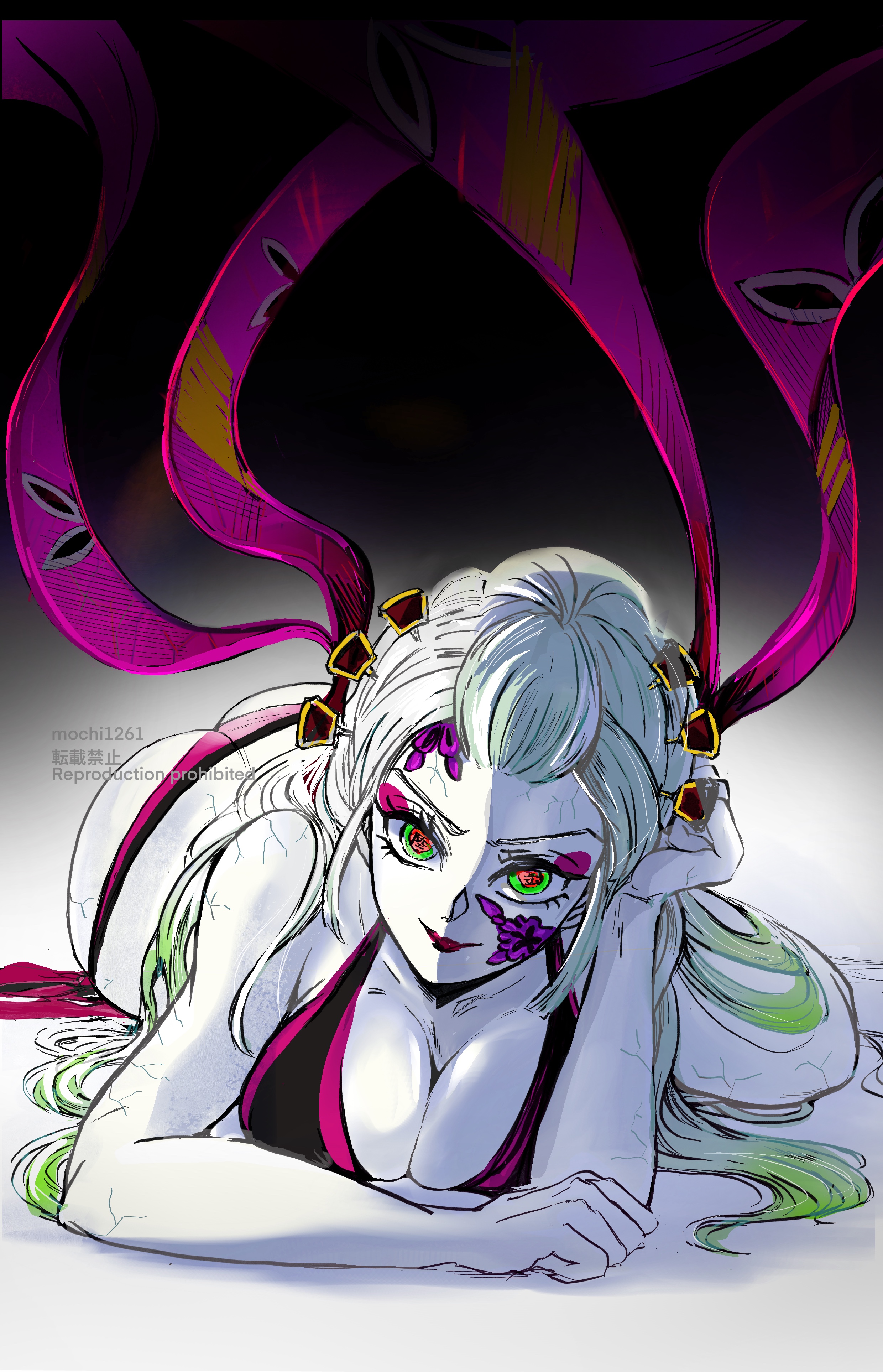 artist request, big breasts, breasts, cleavage, daki (kimetsu no yaiba), demon, demon girl, demon slayer, eyeshadow, facial markings, female, female only, green eyes, hair ornament, kimetsu no yaiba, lingerie, long hair, looking at viewer, makeup, mochi1261, multicolored eyes, no sex, obi, on stomach, panties, red eyes, smile, solo, two-tone hair, veins, white hair, white skin, white-skinned female