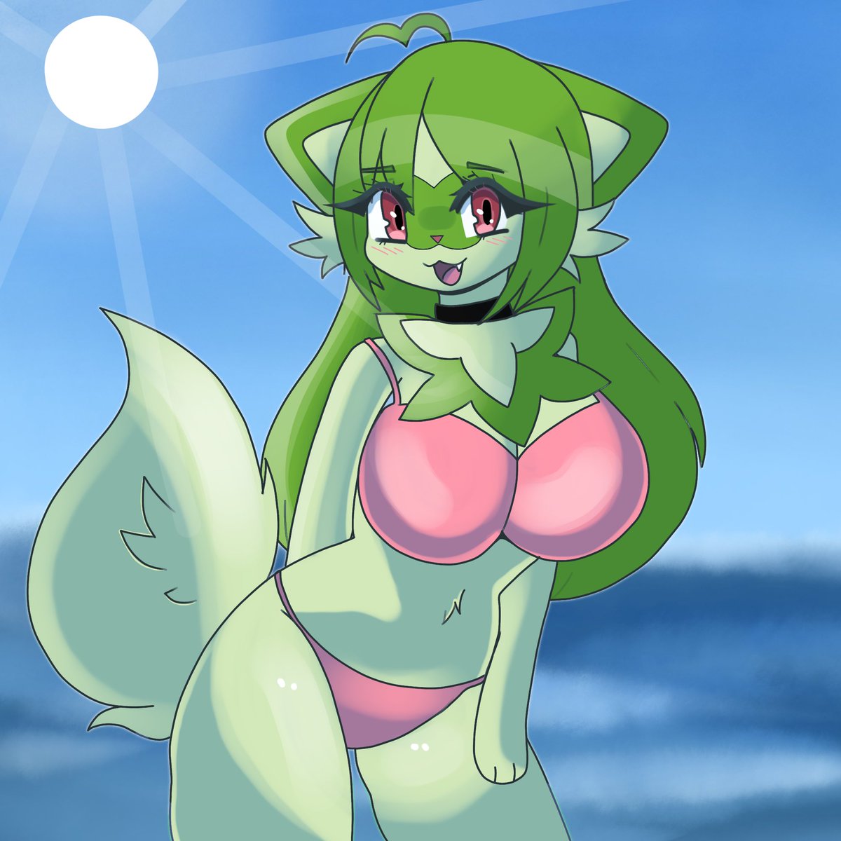 1:1 3_fingers anthro anthrofied beach belly_tuft big_breasts bikini blush bottomwear breasts cheek_tuft chest_tuft clothed clothing digital_media_(artwork) eyebrows eyelashes facial_tuft felid feline felis female fingers fur green_body green_fur hair hi_res looking_at_viewer mammal navel navel_tuft nintendo open_mouth pink_bottomwear pink_clothing pink_topwear pokémon_(species) pokémorph pokemon pokemon_sv seaside skimpy snowynova solo sprigatito swimwear topwear tuft underwear video_games