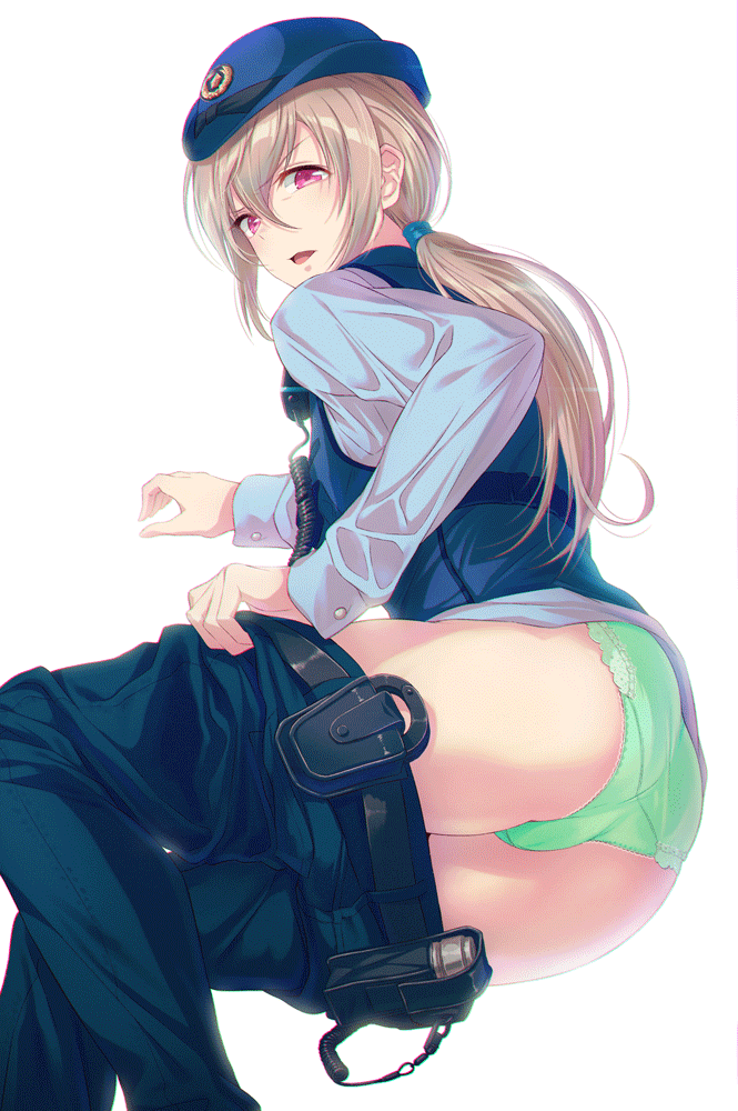 40hara :d ass belt belt_pouch blonde_female blonde_hair blue_headwear blue_pants blue_shirt blue_vest chromatic_aberration clothes_lift clothes_pull denim eyebrows eyebrows_visible_through_hair female female_service_cap from_behind green_panties hair_between_eyes hat iya_na_kao_sare_nagara_opantsu_misete_moraitai jeans lingerie long_hair long_sleeves looking_at_viewer looking_back low_ponytail open_mouth original panties pants pants_pull pink_eyes pocket police police_hat police_uniform policewoman pouch satin satin_panties shirt skirt skirt_lift smile solo underwear uniform vest wire