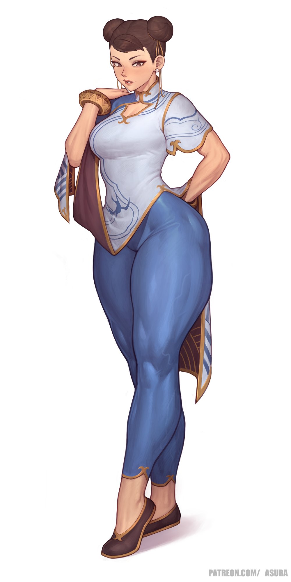 1girls, ass, asura (artist), big ass, blush, boobs, breasts, brown hair, bubble ass, bubble butt, capcom, chun-li, chun-li (street fighter 6), curvaceous, curvy, curvy body, curvy female, curvy figure, curvy hips, feet, female, female focus, female only, fighter, horny female, human, large ass, large breasts, legs, light skin, light-skinned female, mature female, milf, pale skin, pale-skinned female, simple background, small waist, solo, solo female, street fighter, street fighter 6, thick, thick ass, thick thighs, thighs, thunder thighs