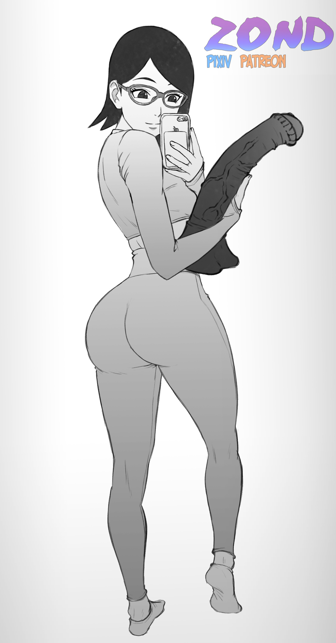 1girls, artist signature, ass, ass focus, back view, big ass, big butt, black eyes, black hair, boruto: naruto next generations, breasts, clothed, clothed female, dildo, equine dildo, female, glasses, hi res, highres, holding dildo, holding object, holding sex toy, horsecock, horsecock dildo, light skin, light-skinned female, looking back, male, naruto, naruto (series), penis, rear view, sarada uchiha, sex toy, simple background, small breasts, solo, solo female, solo focus, taking picture, tight clothing, zond