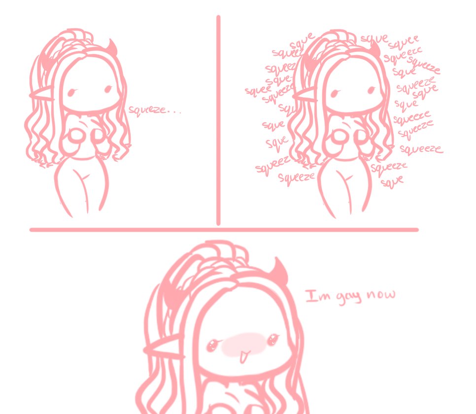 blush chibi comic demon demon_girl demon_horns dreadlocks female groping groping_breasts groping_own_breast groping_through_clothes lesbian long_hair ohthesunnyside pointed_ears pointy_ears ponytail sketch squeezing_breast squeezing_breasts squeezing_own_breasts sunny_(ohthesunnyside) text white_background