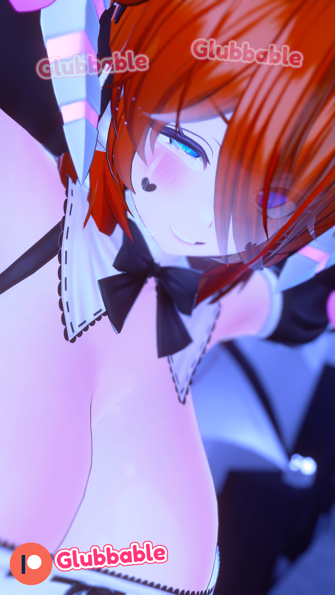 1girls, 3d, bent forward, bent over, blue eyes, blush, breasts, breasts bigger than head, cleavage, clenched teeth, crying, demon, demon girl, eyes rolling back, female, fox girl, from behind, ginger hair, glubbable, horns, huge breasts, indie virtual youtuber, large breasts, light skin, light-skinned female, maid, maid outfit, maid uniform, patreon, succubus, tearing up, tears, tears of pleasure, torogao, virtual youtuber, vrchat, vrchat avatar, wings