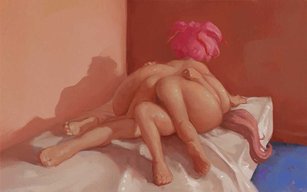 2girls, arms around belly, bed, belly, belly squish, brown hair, decisivetang (artist), doki doki literature club, female, female only, from behind, hyper, hyper belly, indoors, inside, light skin, monika (doki doki literature club), multiple females, multiple girls, natsuki (doki doki literature club), on bed, on top, pink hair, smothering