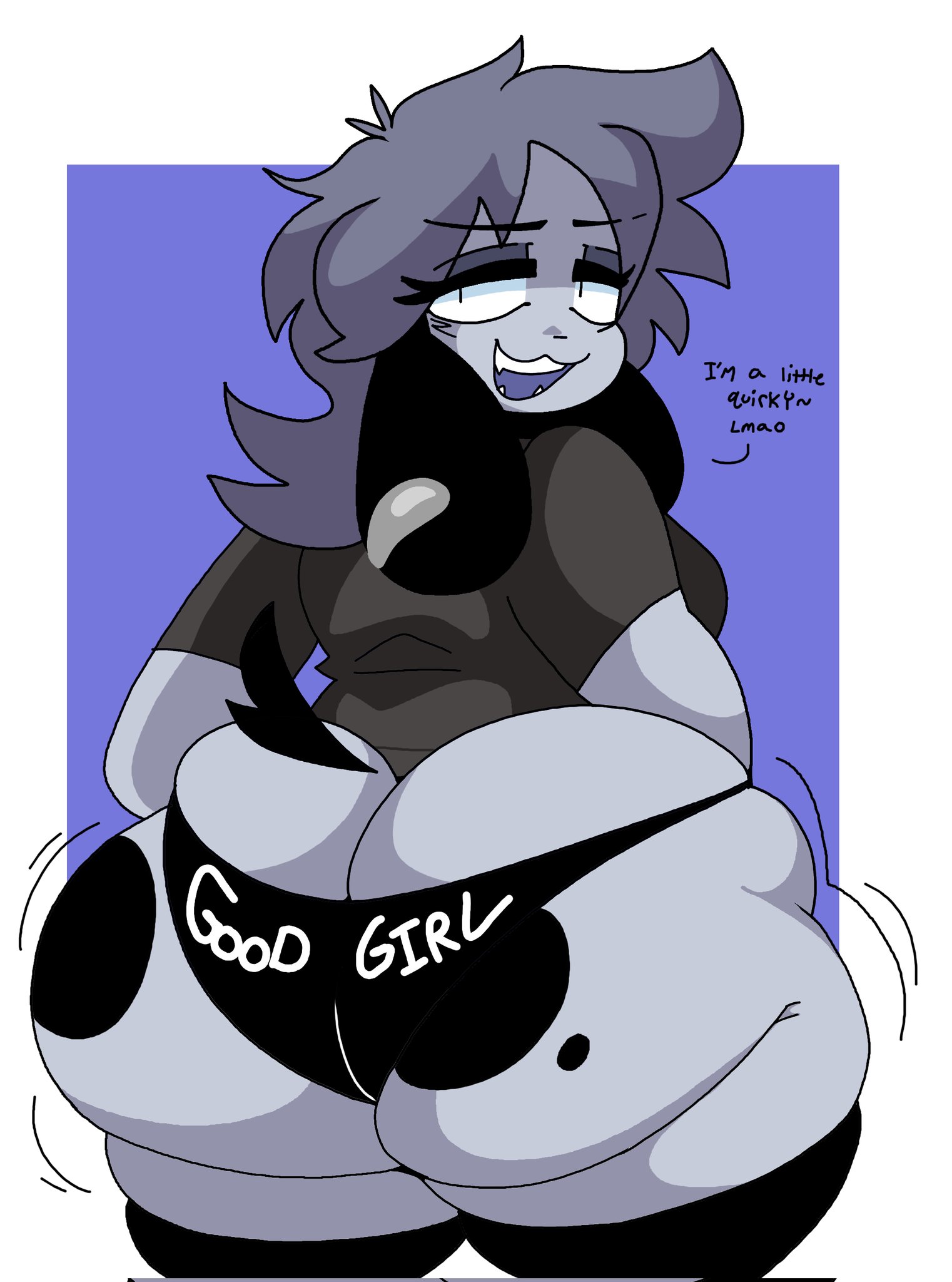 1girls, anthro, ass, ass cleavage, ass crack, big ass, bubble ass, bubble butt, butt crack, canine, dialogue, dork boi, dorky (lewd dorky), fat ass, female, female only, huge ass, lewd dorky, looking at viewer, looking back, open mouth, original character, panties, rule 63, shirt, smile, text, text on underwear, thick thighs, underwear halfway down, wide hips