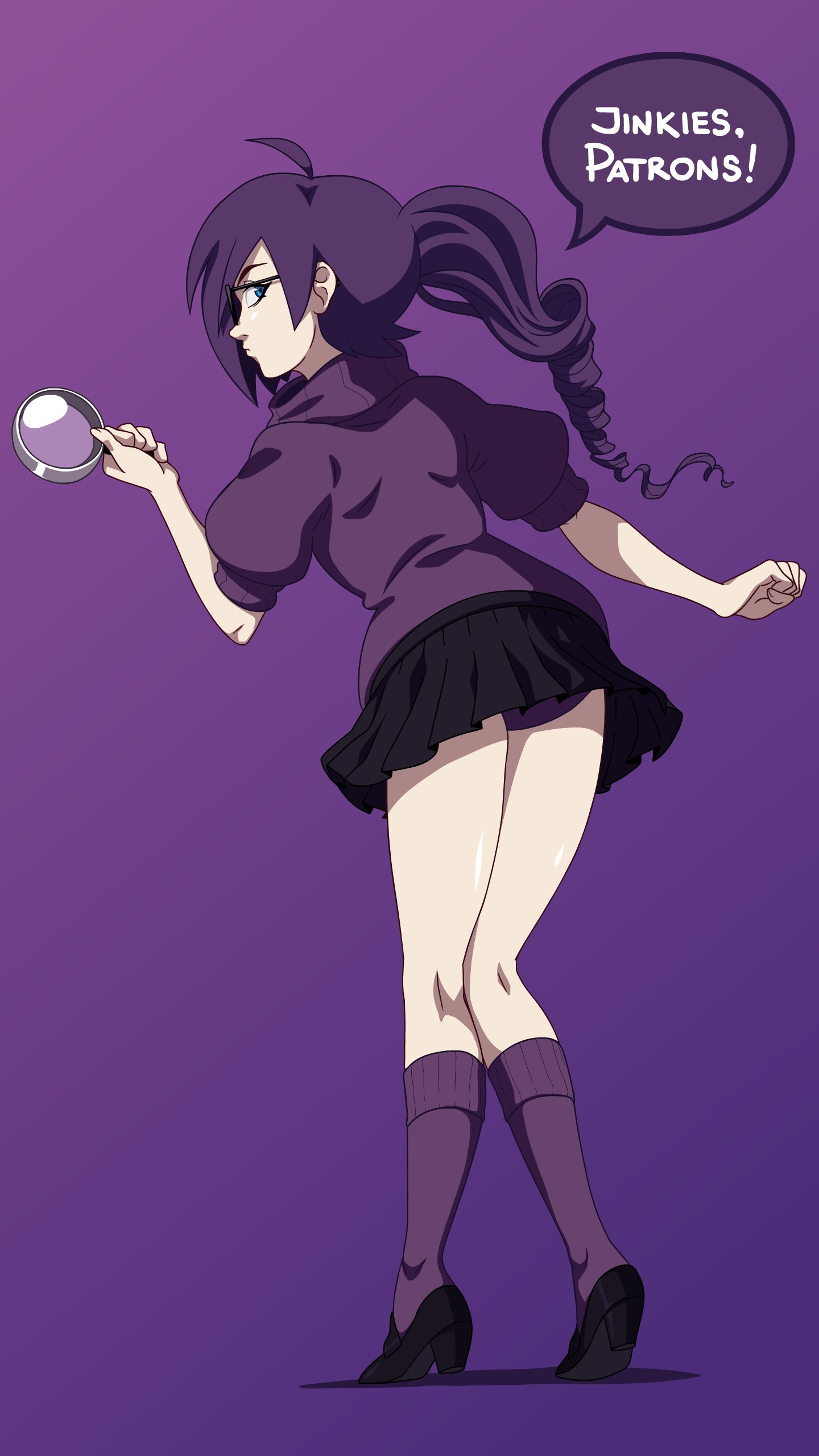 1girls, absurdres, ass, blue eyes, cosplay, drill hair, female, female only, glasses, hanna-barbera, high heels, highres, magnifying glass, purple hair, purple socks, purple sweater, scooby-doo, skirt, socks, solo, sweater, underwear, velma dinkley, velma dinkley (cosplay), warner brothers, zone, zone-tan