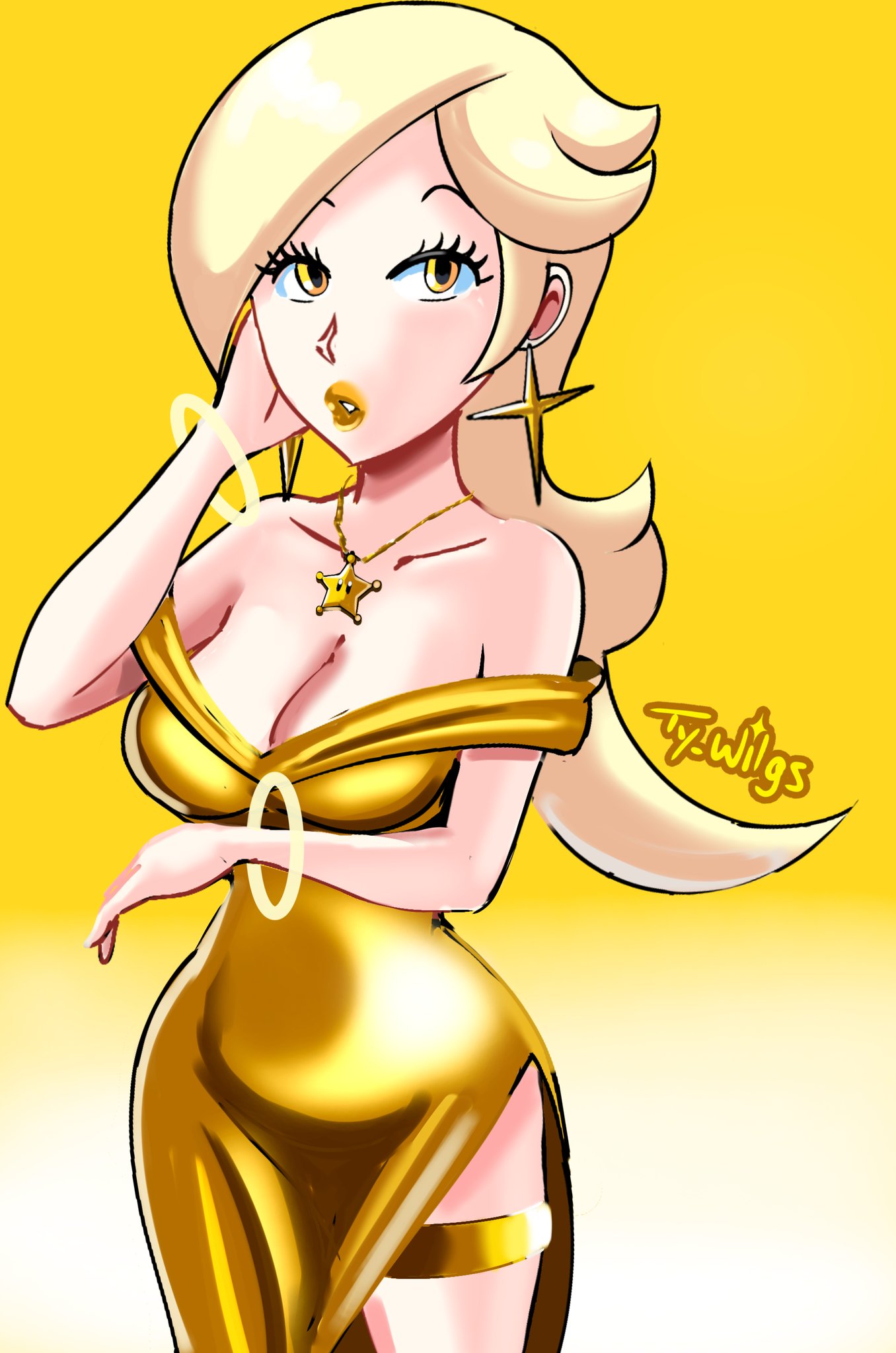 1girls bare_shoulders blonde_female bracelets breasts cleavage dress earrings female female_only gold_background golden_dress golden_eyes golden_lipstick golden_necklace golden_thigh_ring gradient_hair grand_star hair_over_one_eye light-skinned_female light_skin lips lipstick long_hair looking_at_viewer mario_(series) necklace nintendo platinum_blonde_hair princess_rosalina solo star_earrings thick thick_hips thick_thighs thighlet ty_wilgs wide_hips yellow_background yellow_theme