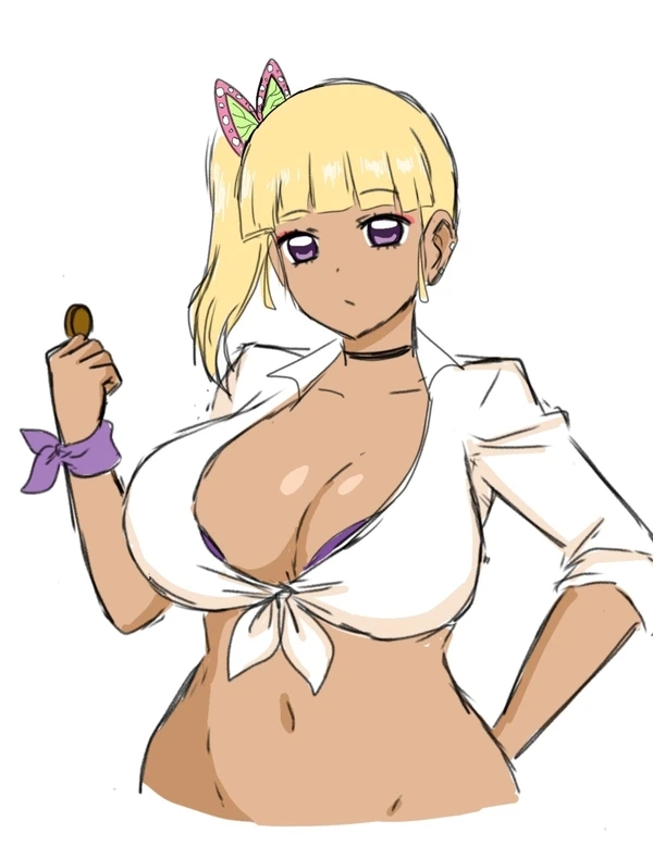 bimbo, bimbofication, blonde hair, breasts, butterfly hair ornament, demon slayer, female, female only, gyaru, huge breasts, kimetsu no yaiba, momiji (artist), purple eyes, solo, tanned, tsuyuri kanao