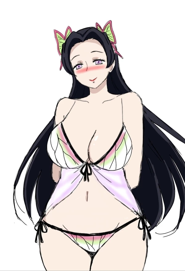 alternate costume, big breasts, black hair, blush, breasts, butterfly hair ornament, demon slayer, female, female only, huge breasts, kimetsu no yaiba, kochou kanae, lingerie, long hair, momiji (artist), negligee, purple hair, side-tie panties, smile, solo, thick thighs
