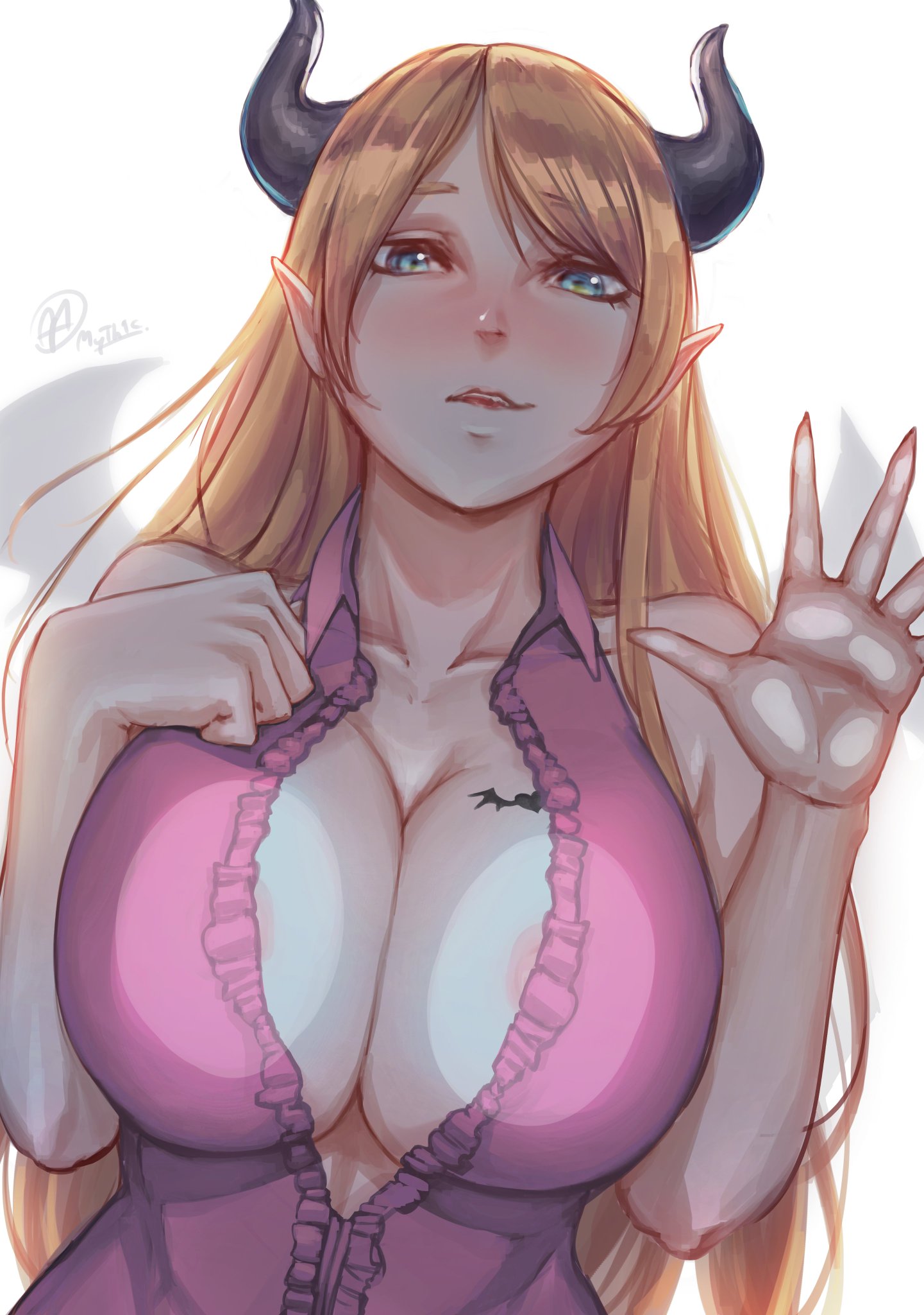 areolae, big breasts, breasts, cleavage, demon, demon girl, female, hololive, hololive gen 2, hololive japan, horns, myth1c, succubus, virtual youtuber, yuzuki choco