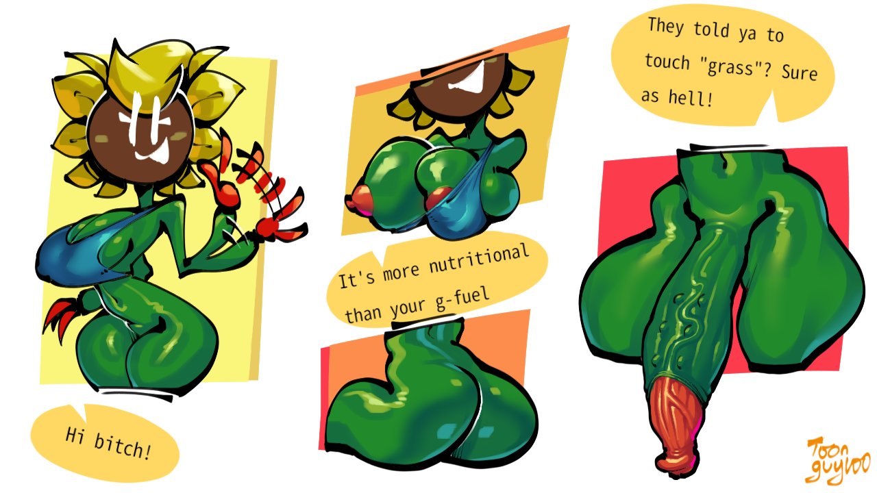 1futa, big breasts, bottomless, breasts, circumcised, clothed, clothing, dialogue, erection, female, flower, flower petals, futa only, futanari, green body, green skin, huge breasts, huge cock, humanoid, humanoid penis, intersex, looking at viewer, mob face, mostly nude, penis, petals, plant, plant girl, pointy breasts, pointy nipples, red nipples, red penis, smile, solo, standing, sunflower, sunny (toonguy100), text, thick thighs, toonguy100, veiny penis, wide hips