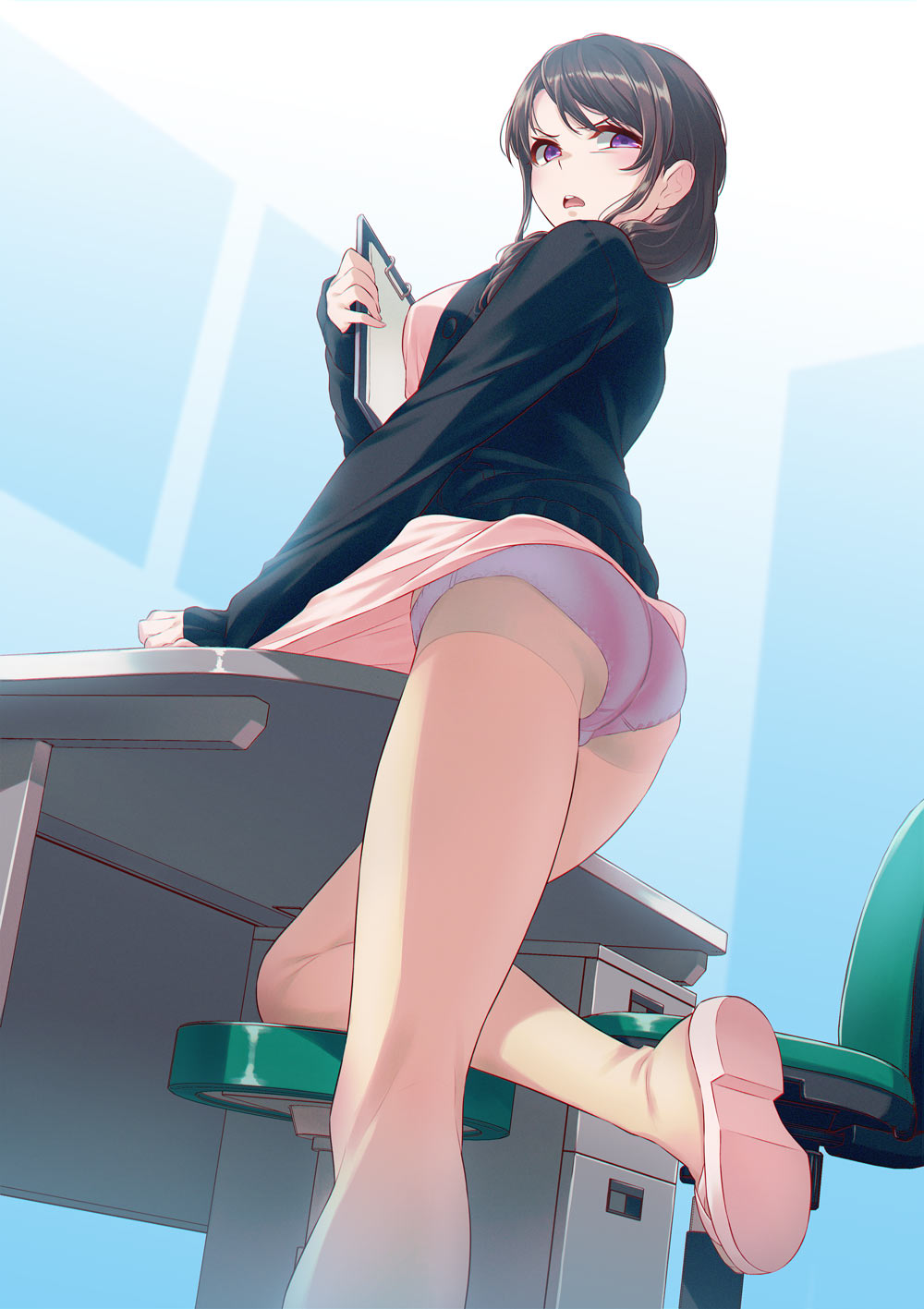 1girls 40hara ass bangs black_jacket brown_hair clipboard clothes_lift crotch_seam dress dress_lift glaring hair_over_shoulder hayakawa_natsumi highres holding holding_clipboard iya_na_kao_sare_nagara_opantsu_misete_moraitai jacket long_hair long_sleeves looking_at_viewer looking_back one_knee open_mouth panties panties_under_pantyhose pantyhose pink_dress pink_footwear purple_eyes purple_panties see-through see-through_legwear solo standing underwear