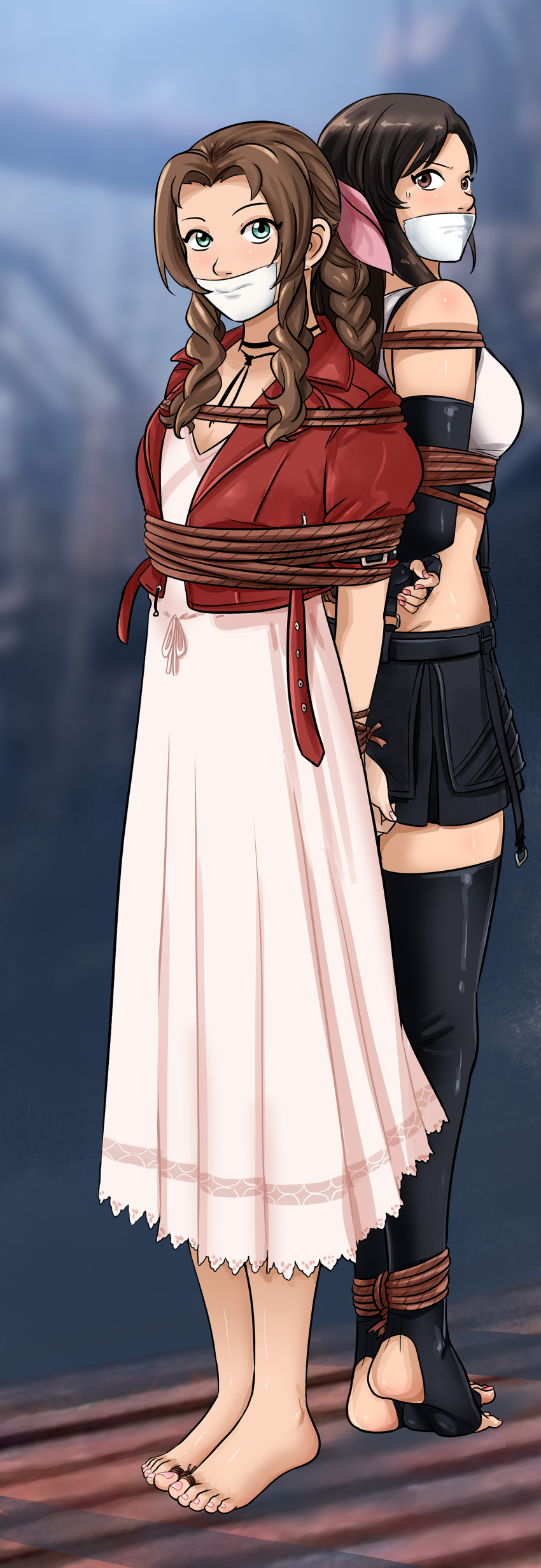 2girls, absurdres, aerith gainsborough, ass, ass crack, bangs, barefoot, black hair, black legwear, body blush, bondage, bound, bound ankles, bound toes, bound wrists, braid, braided ponytail, breasts, brown eyes, brown hair, butt crack, dress, feet, female, final fantasy, final fantasy vii, final fantasy vii remake, gag, gagged, green eyes, hair ribbon, highres, improvised gag, jacket, lipstick, long hair, long skirt, looking at viewer, lostonezero, makeup, midriff, miniskirt, multiple females, multiple girls, nail polish, pink toenails, red jacket, ribbon, rope, sideboob, skirt, square enix, sweatdrop, tape, tape gag, thighhighs, tifa lockhart, toenail polish, toenails, toes, zettai ryouiki