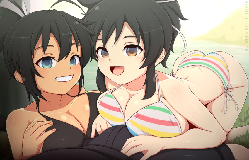 1boy 2girls asuka_(senran_kagura) bikini carol_fisher clothed_male erection female female_focus homura_(senran_kagura) human imminent_paizuri looking_at_viewer male male_pov partial_male penis_bulge senran_kagura smirking_at_viewer toony