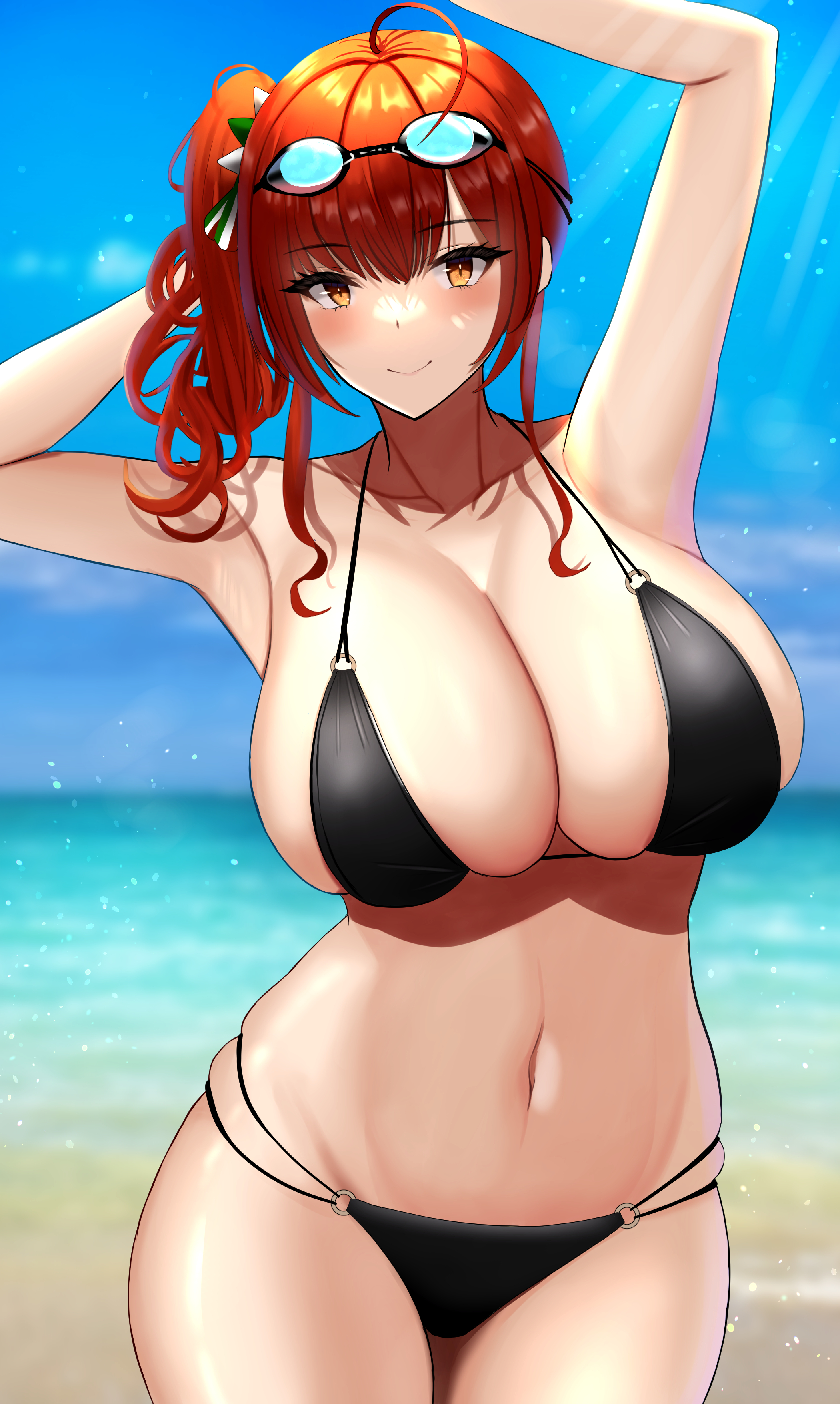 1girls, 2022, ahoge, armpits, arms above head, arms up, azur lane, beach, bikini, black bikini, breasts, cleavage, female, female only, goggles, goggles on head, hair ornament, hi res, hips, huge breasts, light skin, light-skinned female, medium hair, minato81345, navel, orange eyes, outdoors, red hair, sardegna empire (azur lane), side ponytail, slim waist, smile, thick thighs, thighs, water, wide hips, zara (azur lane), zara (poolside coincidence) (azur lane)
