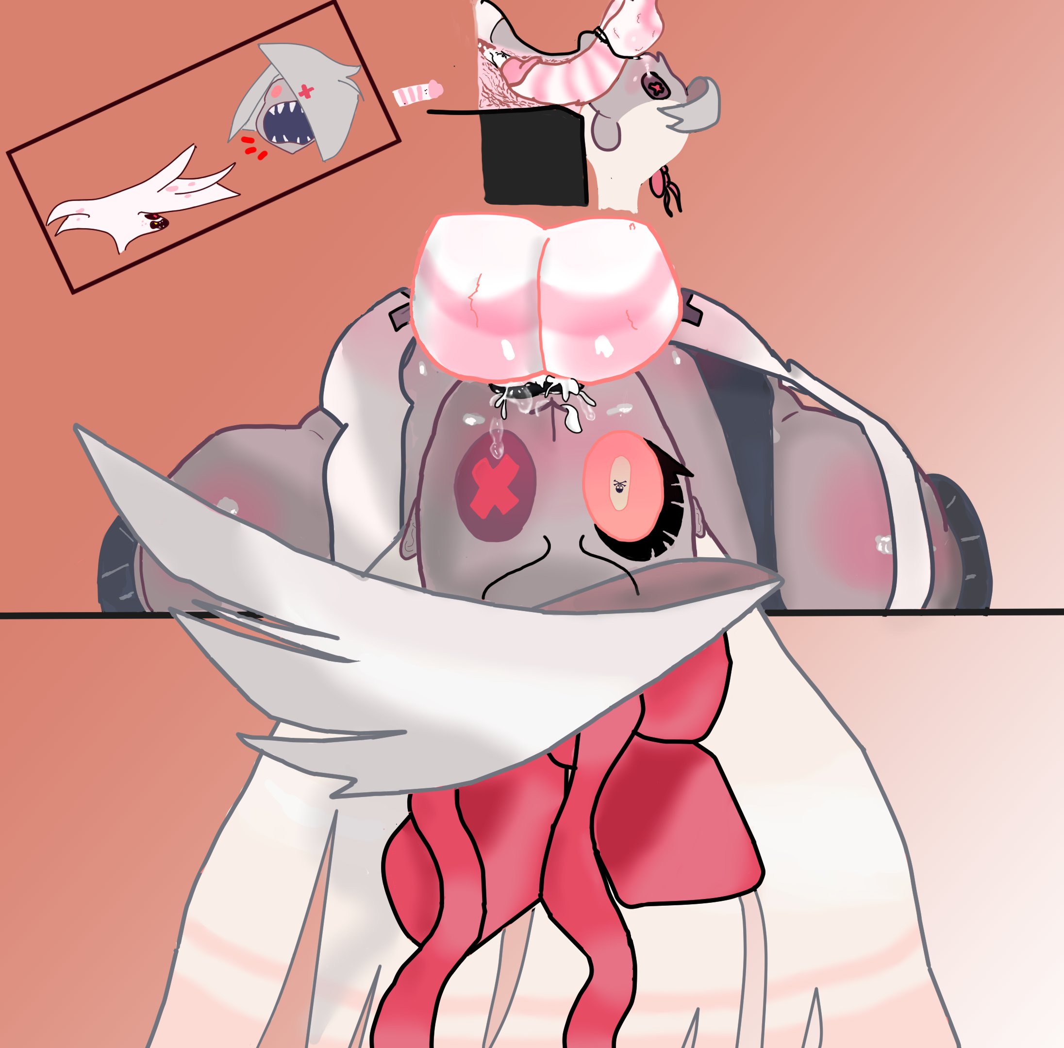 1boy, 1girls, all the way to the base, angel dust (hazbin hotel), angry, balls, balls deep, bow, clothed sex, cock in mouth, cum, cum down throat, cum in mouth, cum in throat, cum inside, deepthroat, demon, demon boy, demon girl, disembodied penis, domination, face fucking, fellatio, female, grey skin, hazbin hotel, humanoid, humanoid penis, implied rape, male, male domination, on back, oral, oral sex, penis, penis in mouth, pink fur, striped fur, stripes, sudden fucking, surprised, unknown artist, upside-down, vaggie (hazbin hotel), white fur, white hair, wide eyed, x-ray, yelling