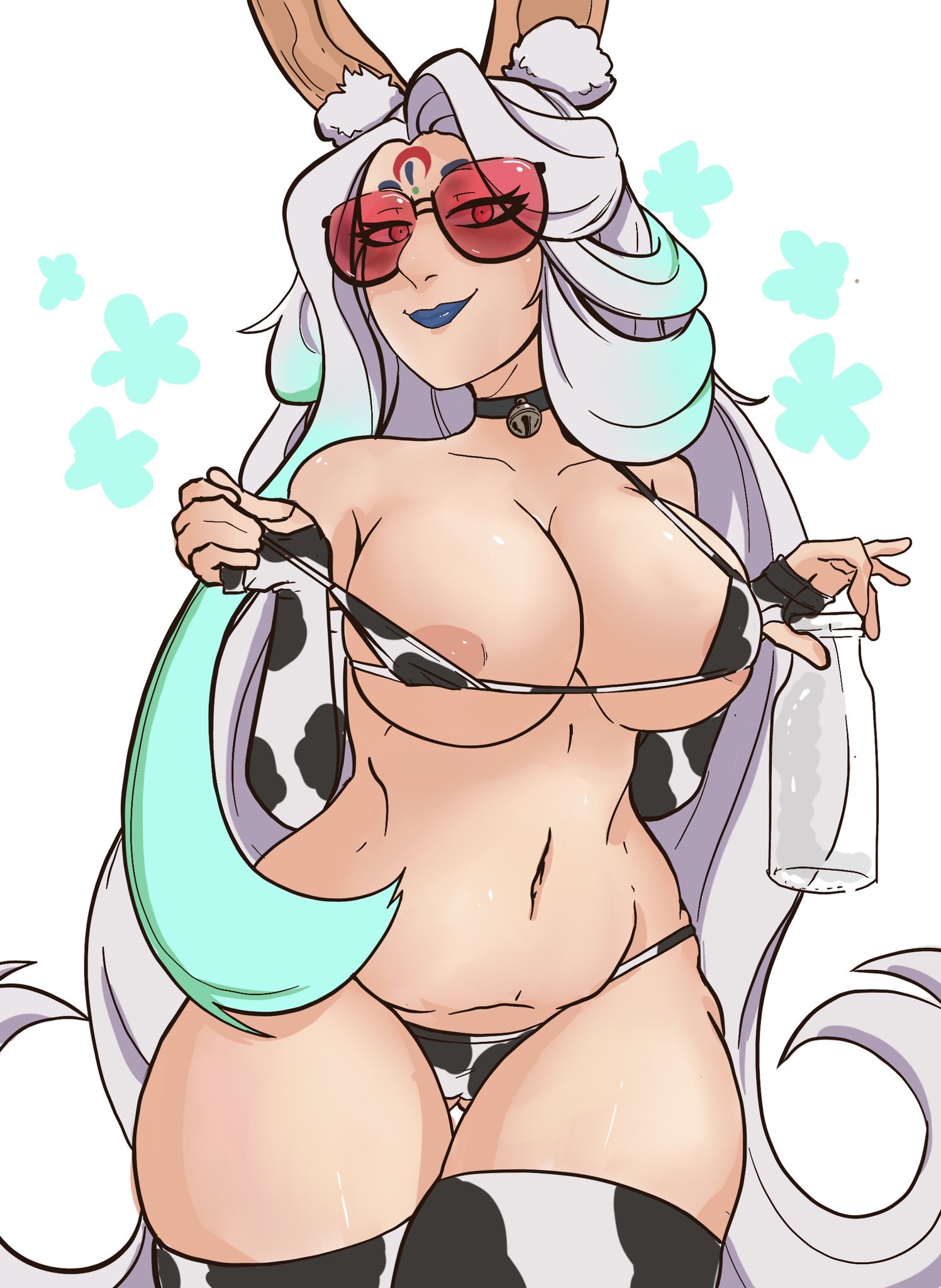 big breasts, breasts, bunny ears, bunny girl, choker, cow bikini, cow print, dislyte, female, glasses, heng yue (dislyte), long hair, smiling at viewer, thick, thick thighs, thighhighs, white hair, yamakazzii
