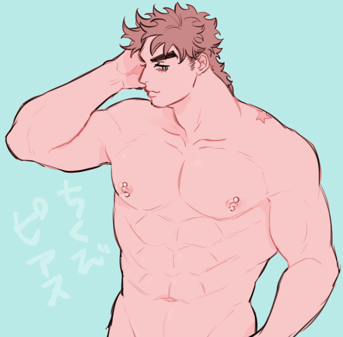 1boy abs battle_tendency belly_button brown_hair eyebrows green_eyes hand_on_head joestar_birthmark jojo's_bizarre_adventure joseph_joestar looking_at_viewer male_nipples male_only muscular_male nakaji nipple_piercing pecs solo