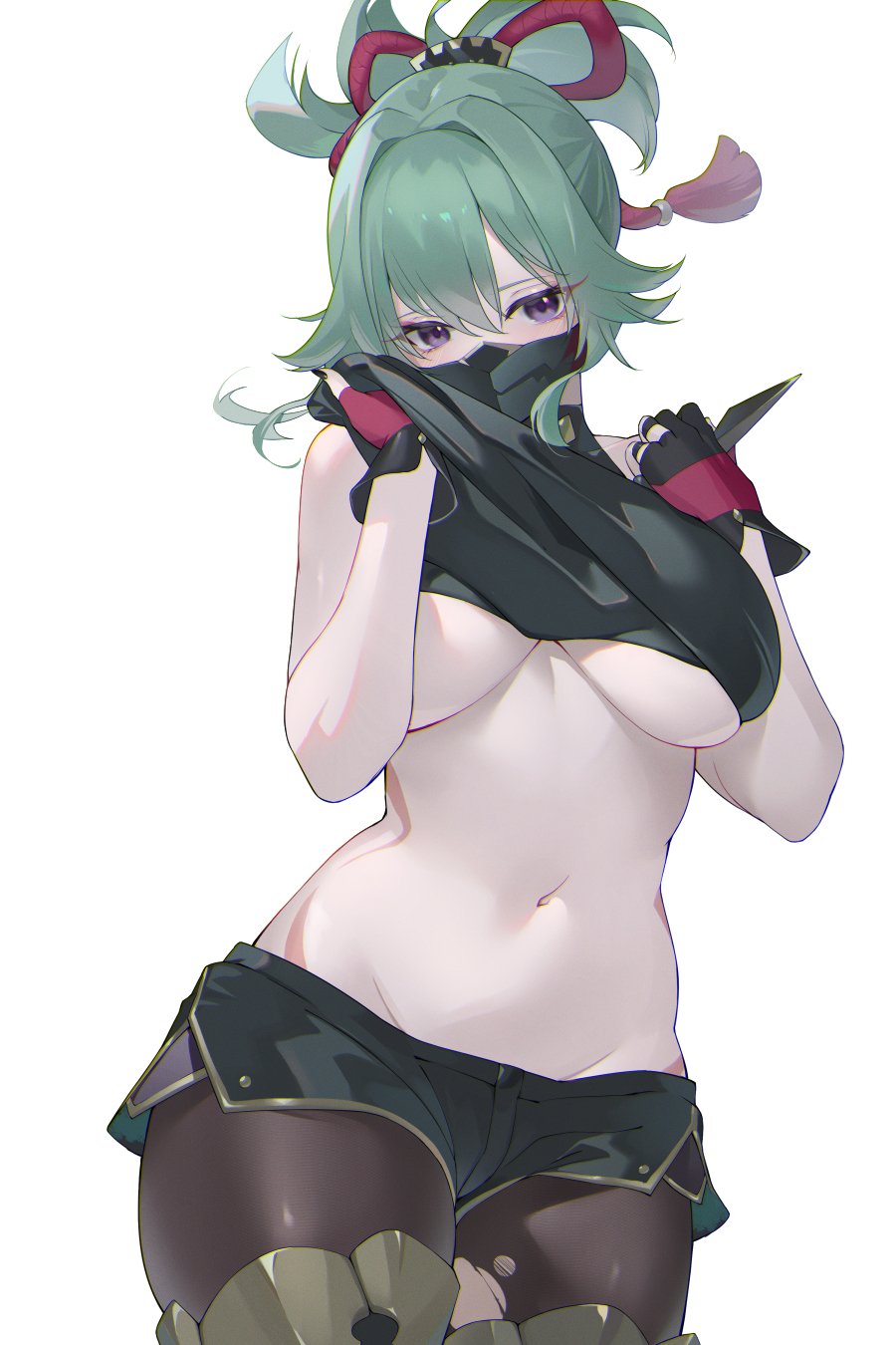1girls, blush, blushing, blushing at viewer, breasts, ecchi-sama, embarrassed, female, female only, genshin impact, gloves, green hair, kuki shinobu, mask, ponytail, purple eyes, removing clothing, solo female, thick thighs, tied hair, toned, underboob