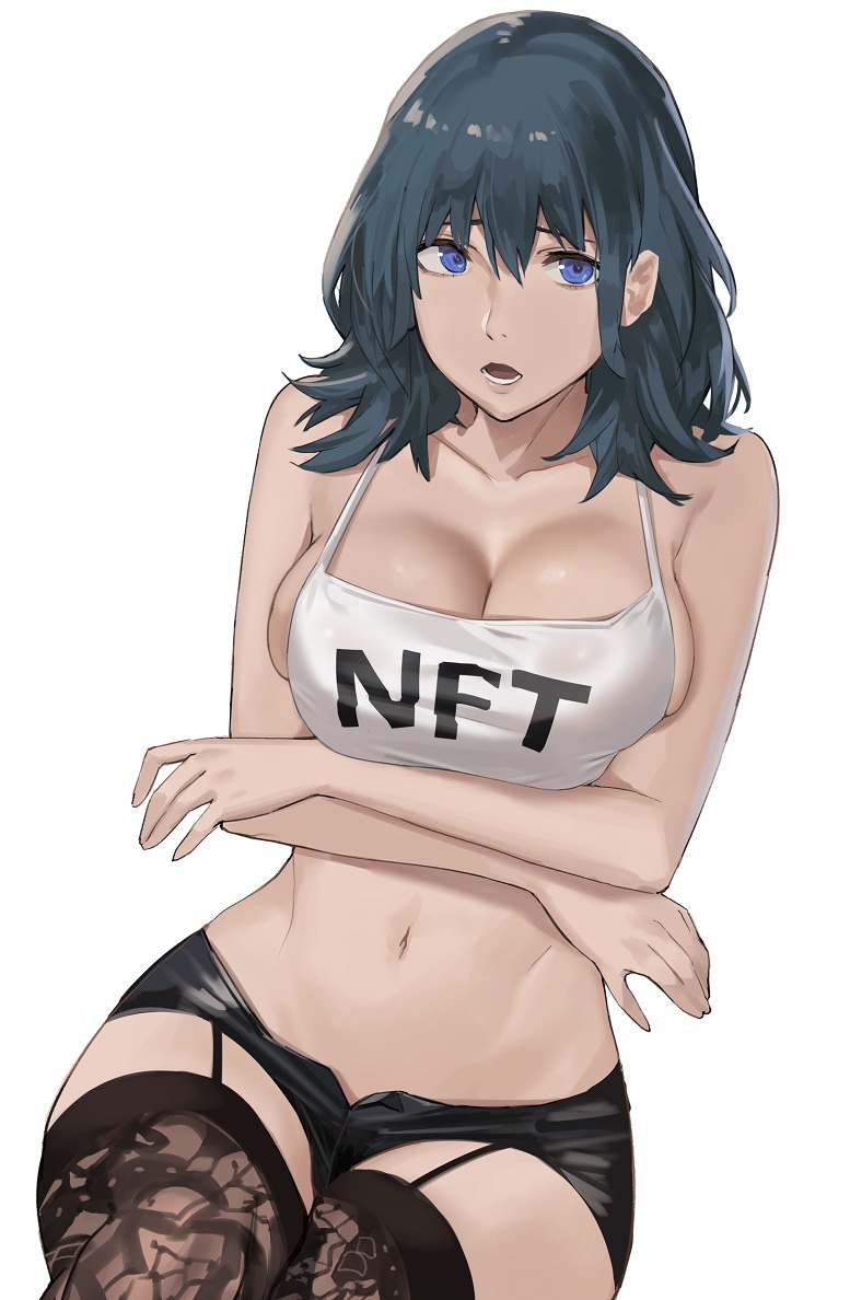 1girls bangs bare_shoulders black_legwear black_shorts blue_eyes blue_hair breasts byleth_(fire_emblem) byleth_(fire_emblem)_(female) camisole cleavage clothes_writing collarbone female female_only fire_emblem fire_emblem:_three_houses garter_straps highres j@ck large_breasts looking_at_viewer medium_hair nintendo open_mouth short_shorts shorts solo source_larger thighhighs white_camisole