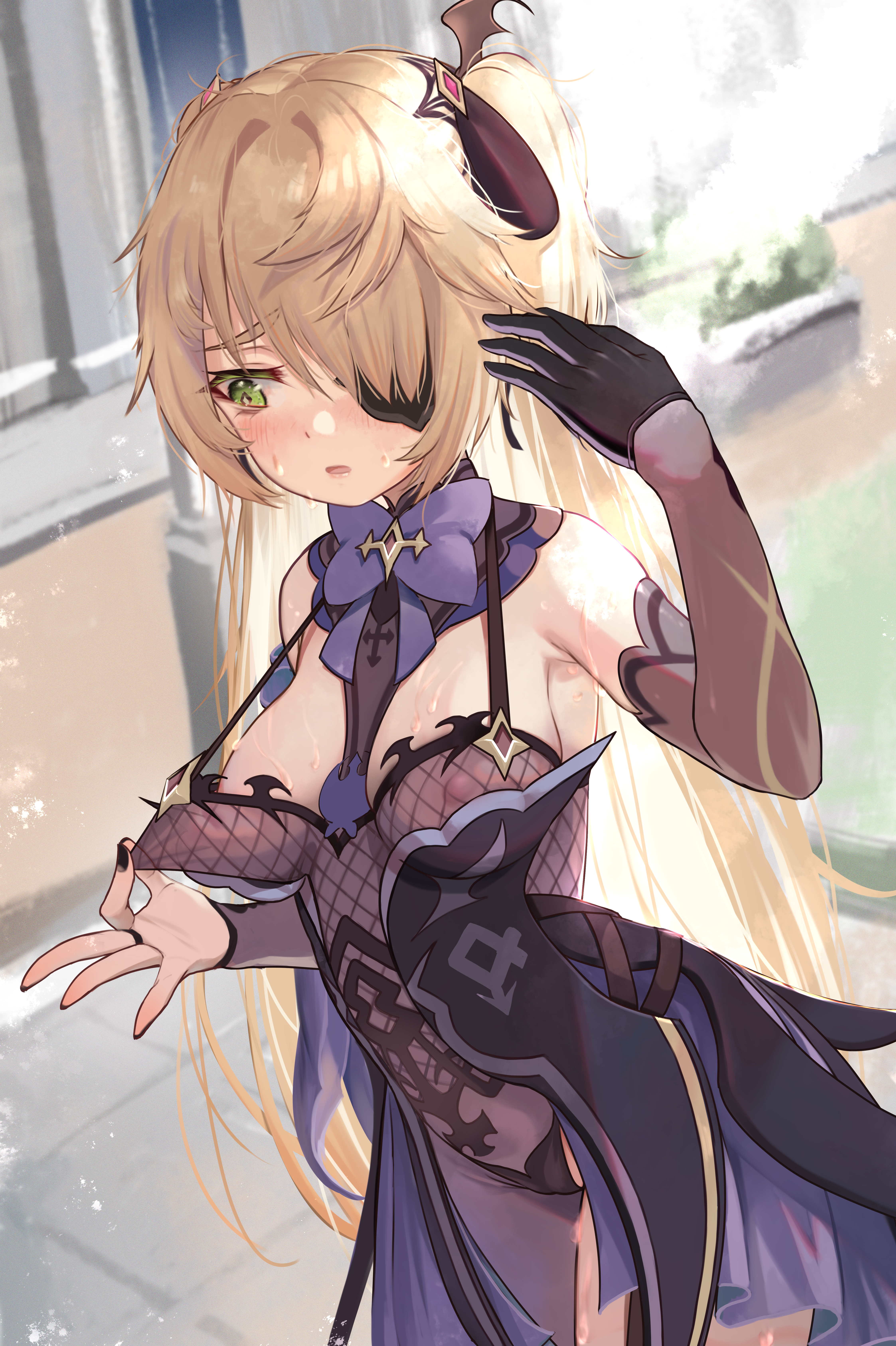 1girls, 2022, absurd res, blind, blonde hair, breasts, dress, erect nipples, eyepatch, fanning self, female, female only, fischl (genshin impact), genshin impact, green eyes, hair ornament, long hair, medium breasts, nipples, nipples visible through clothing, purple dress, sweat, sweaty body, torriet, twintails