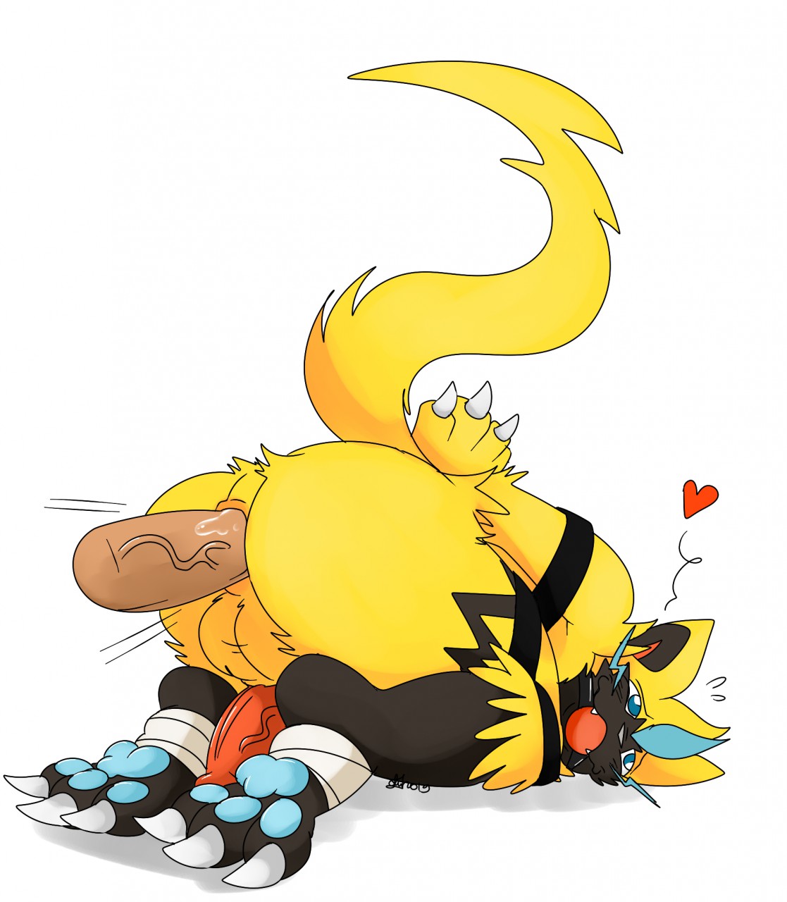 anthro ball_gag balls blue_eyes bondage claws feline furry gag heart male_only nelsonnoir pawpads pokemon pokemon_sm tail veiny_penis whiskers zeraora