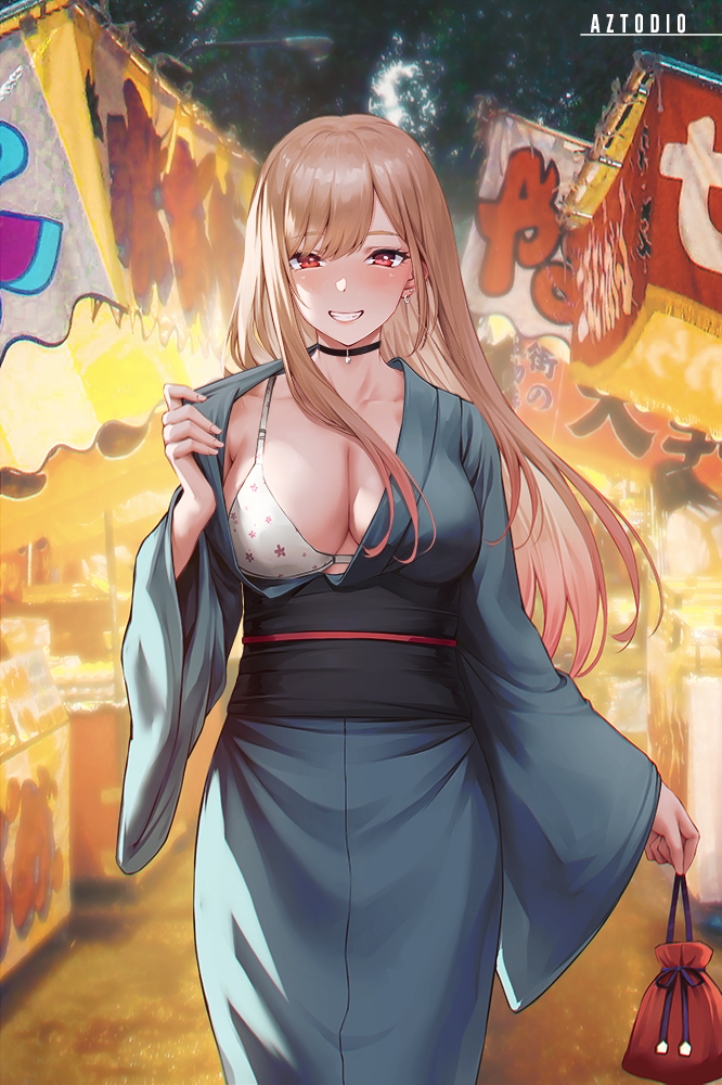 1girls, 2022, artist signature, azto dio, bikini top, blonde hair, blush, breasts, cleavage, female, female only, festival, flashing breasts, grin, gyaru, huge breasts, kimono, kitagawa marin, long hair, naughty face, red eyes, smile, sono bisque doll wa koi wo suru