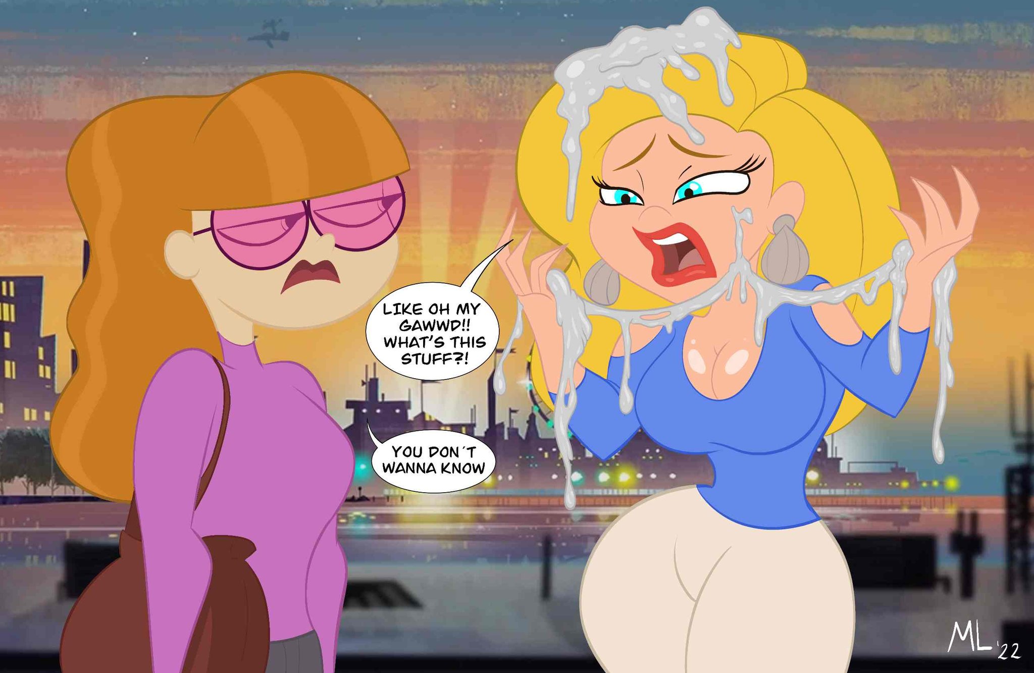 2girls, ameizing lewds, background character, big breasts, blonde hair, blue eyes, breasts, cleavage, covered in cum, cum, cum on hair, dc, dc comics, dc super hero girls, female, female only, glasses, light skin, light-skinned female, multiple females, multiple girls, orange hair, speech bubble, stella (dc), thick thighs, wide hips