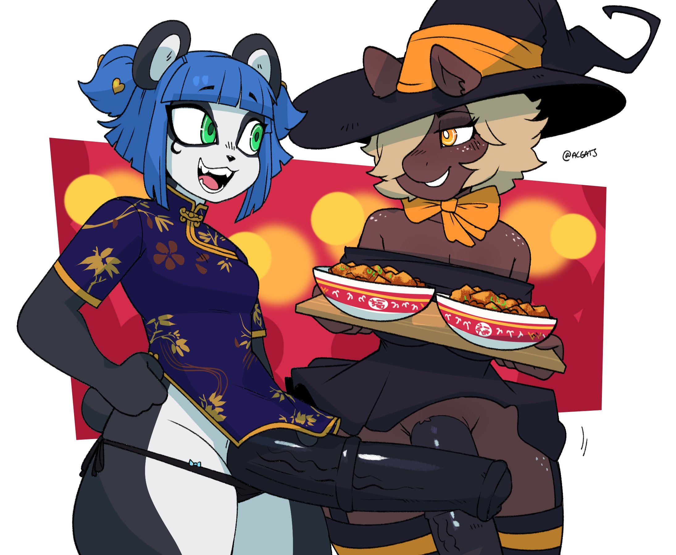 2futas, animal genitalia, anthro, bangs, bottomless, breasts, china dress, clothed, clothing, duo, erection, food, furry, furry intersex, futa only, futa sans balls, futanari, gats, green eyes, horse, horsecock, huge cock, intersex, nuwa nightstone, orange eyes, panda, partially clothed, penis, short hair, witch hat