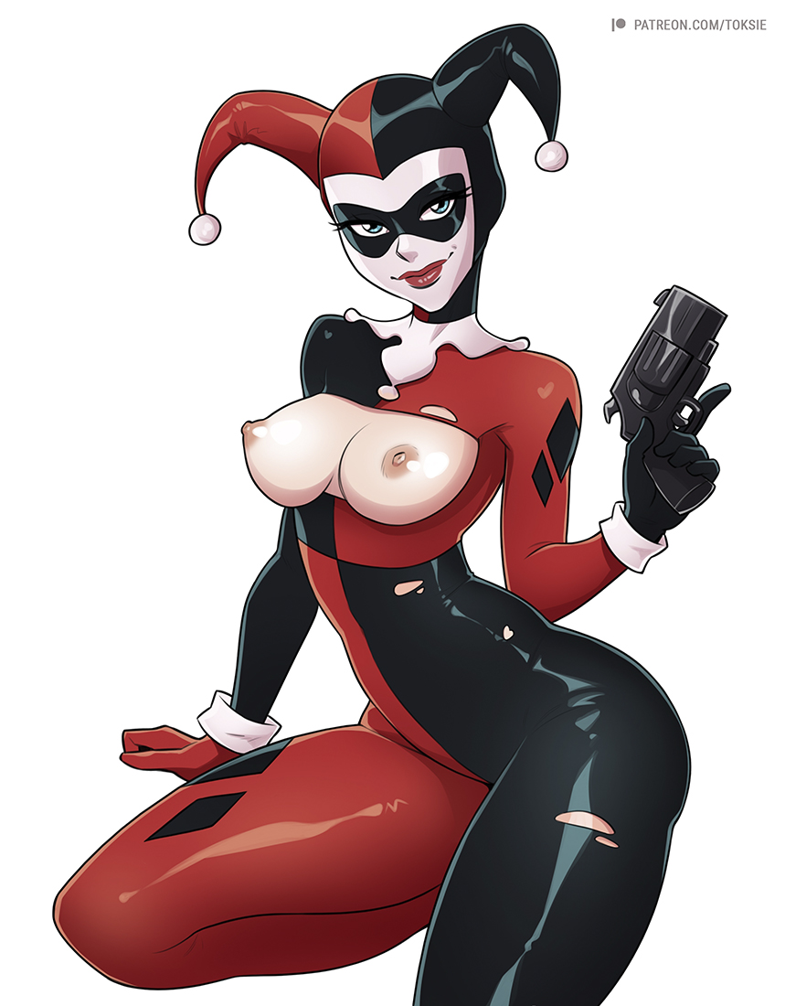 1girls, 2d, areolae, batman (series), blue eyes, boob window, breasts, breasts out, dc, dc comics, exposed breasts, female, female focus, female only, firearm, gun, handgun, harley quinn, harley quinn (classic), highres, holding gun, holding object, holding weapon, human, looking at viewer, nipples, pale skin, revolver, ripped clothing, solo, solo female, spandex, tagme, thick thighs, thighs, toksie, torn bodysuit, torn clothes, weapon, white background