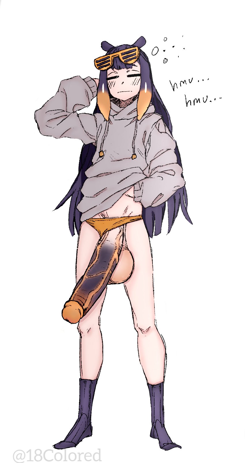 1futa, alternate version available, balls, big penis, blush, bottomless, casual, clothed, clothing, color, colored, colored by s 18, english text, futa only, futanari, glasses, hololive, hololive english, hoodie, huge balls, huge cock, human, intersex, jacket, long hair, makinakid, ninomae ina'nis, panties, panties aside, partially clothed, penis, penis to the knees, penis under clothes, purple hair, sketch, sleepy, standing, testicles, text, veiny penis, virtual youtuber