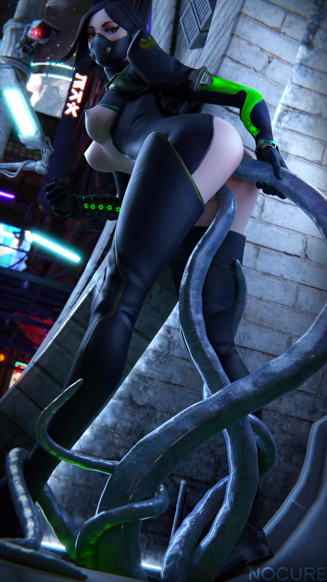 1girls, 3d, anal, anal sex, areolae, ass, blender, breasts, clothed, double penetration, female, from behind, looking at viewer, looking back, mask, nipples, nocure21o, penetration, pussy, sex, standing, tentacle, tentacle sex, thighs, vaginal penetration, valorant, viper (valorant)